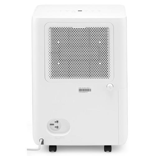 Back of a white dehumidifier with a vent grille and a power outlet.