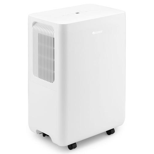A white portable air conditioner dehumidifier with wheels.