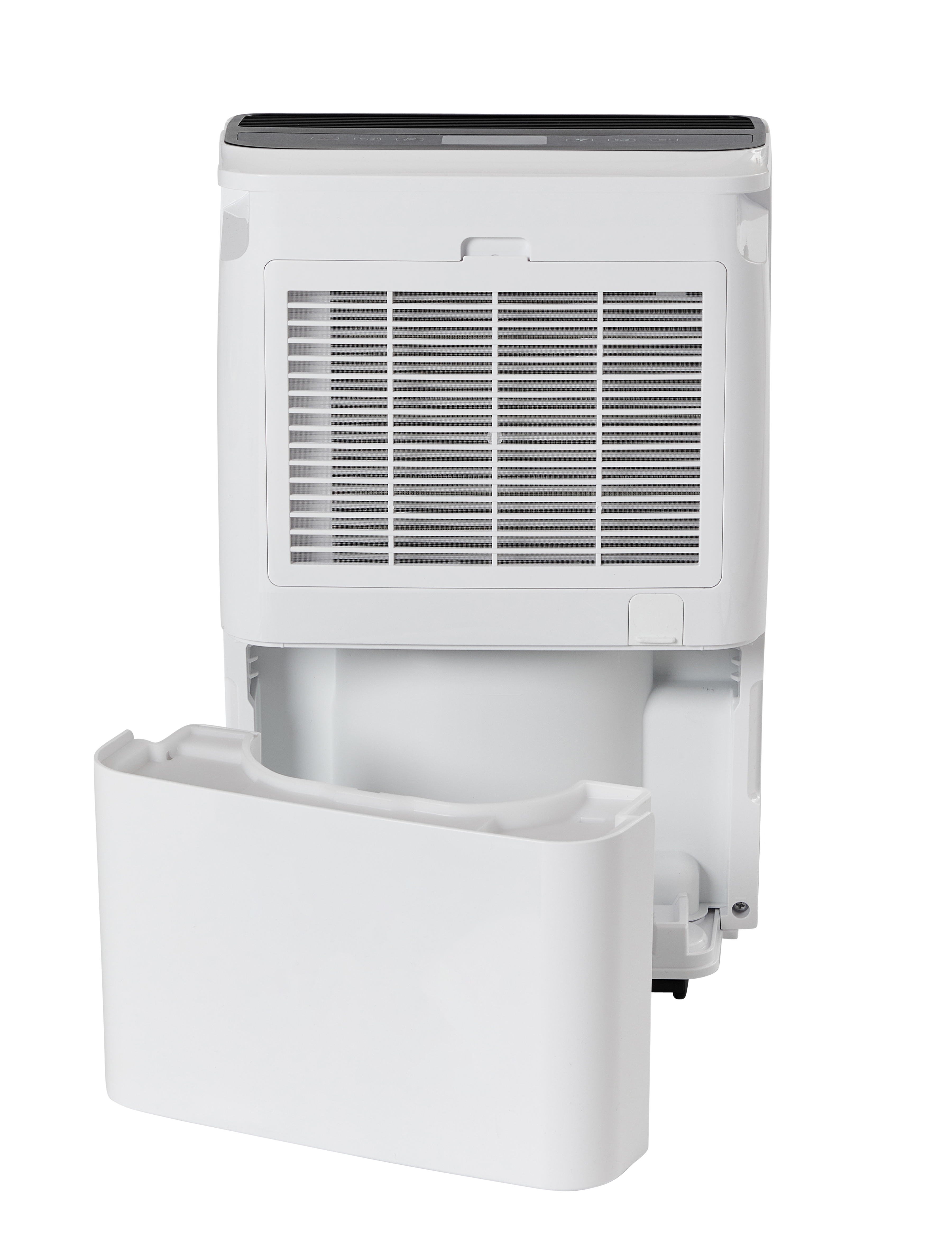 A white dehumidifier with its water tank pulled out and a ventilation grille.
