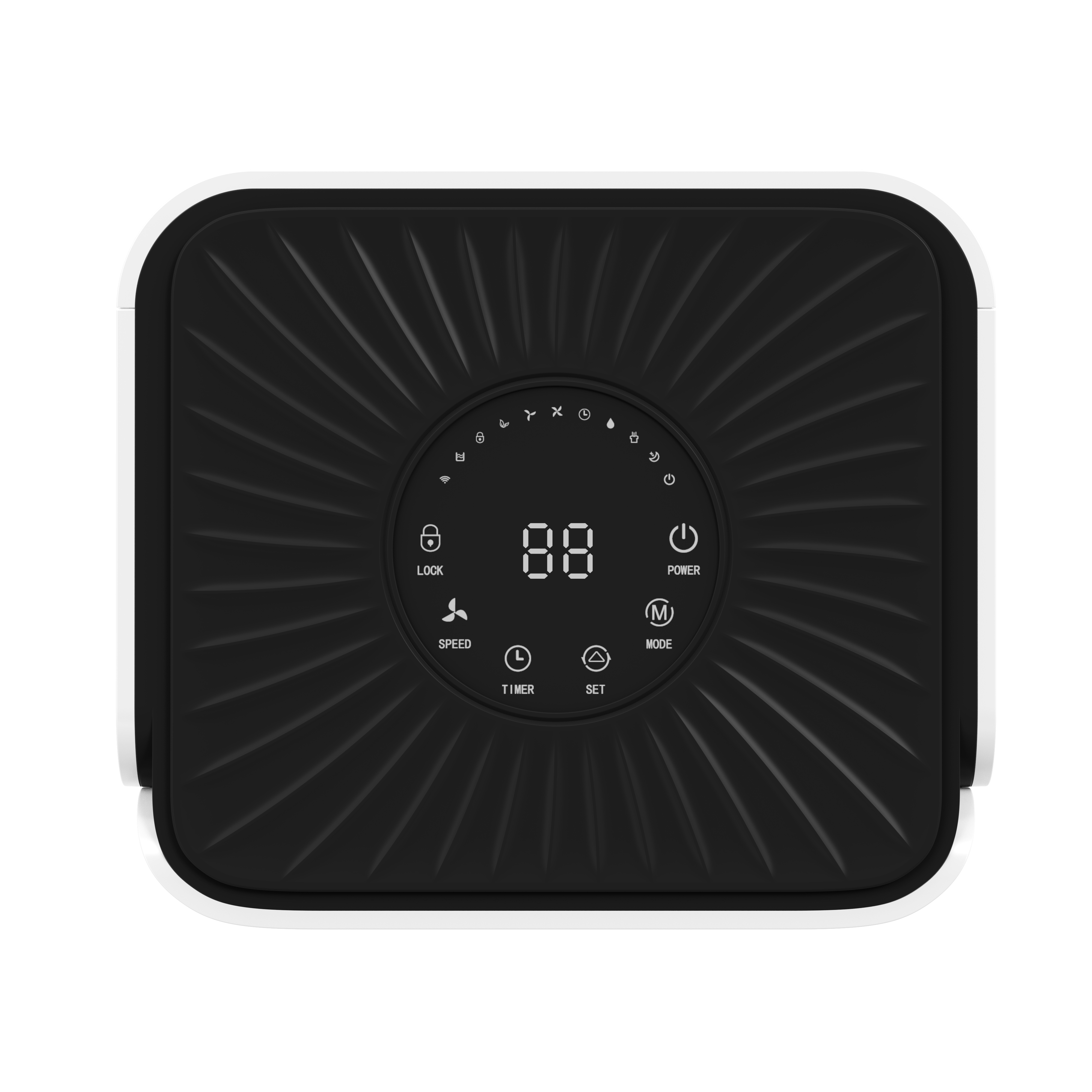 A black air purifier with a digital display and icons.