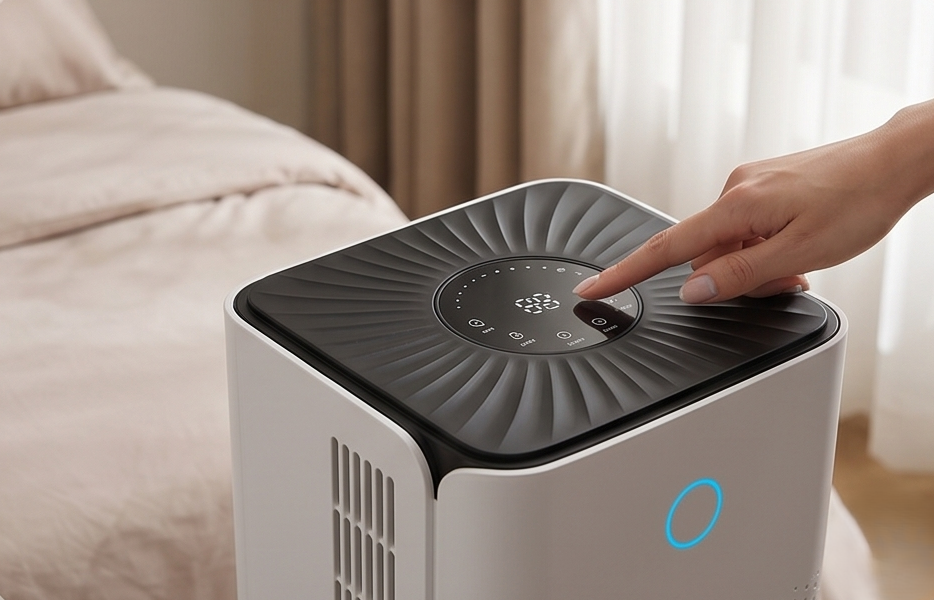 A hand operates a white air purifier with a black top and digital display.