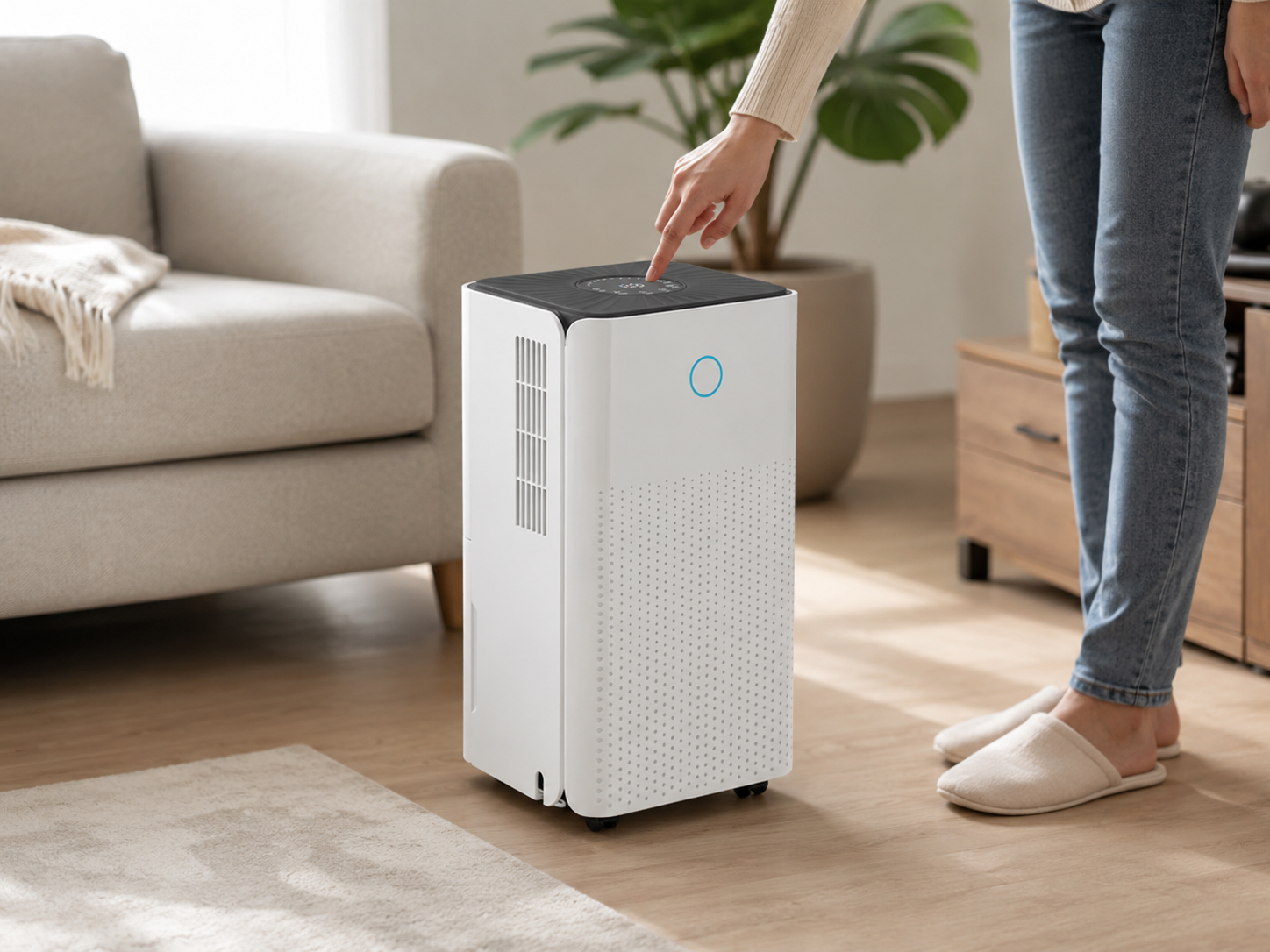 A person presses a button on a white air purifier next to a sofa.
