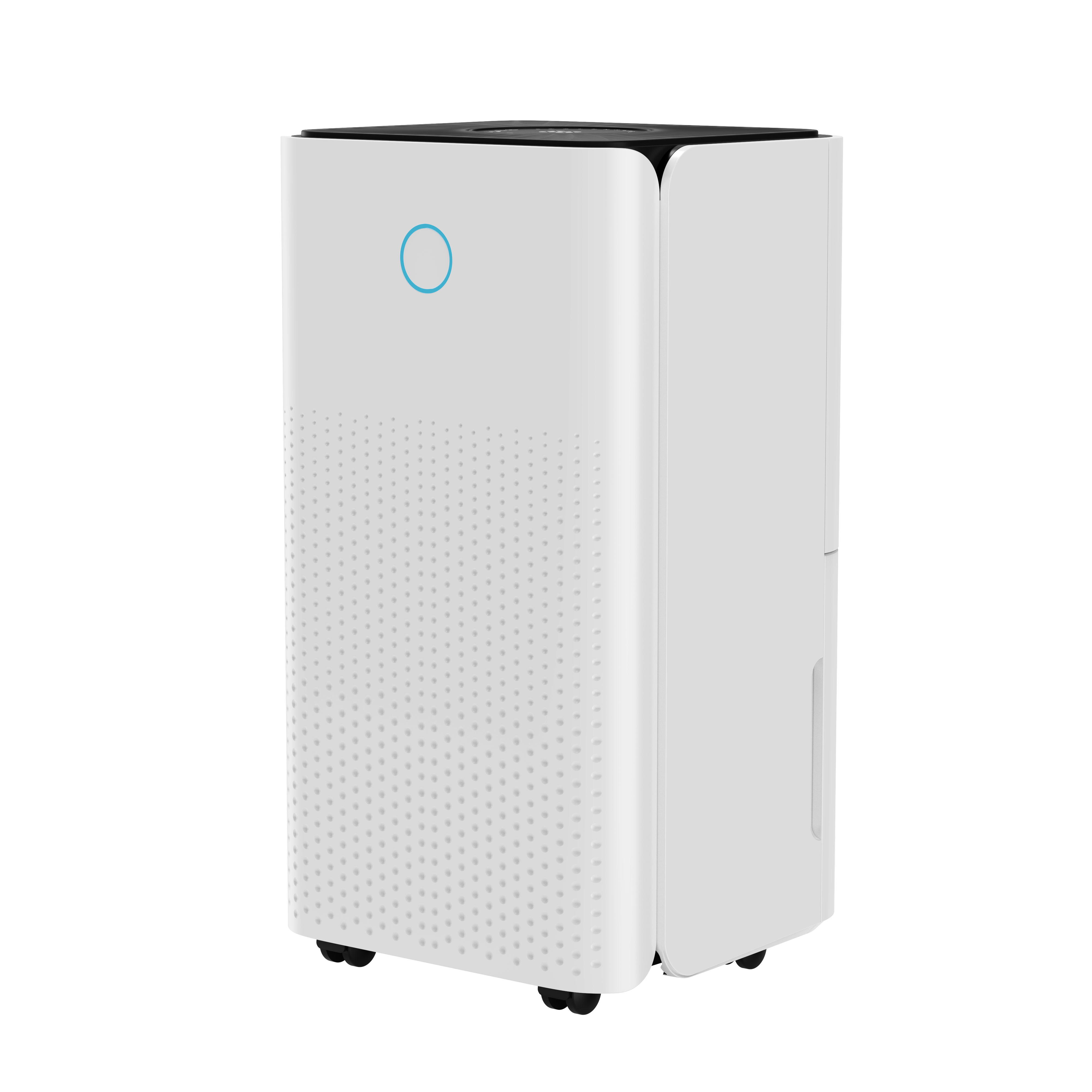 A white dehumidifier with a blue circle on the front and small dots.