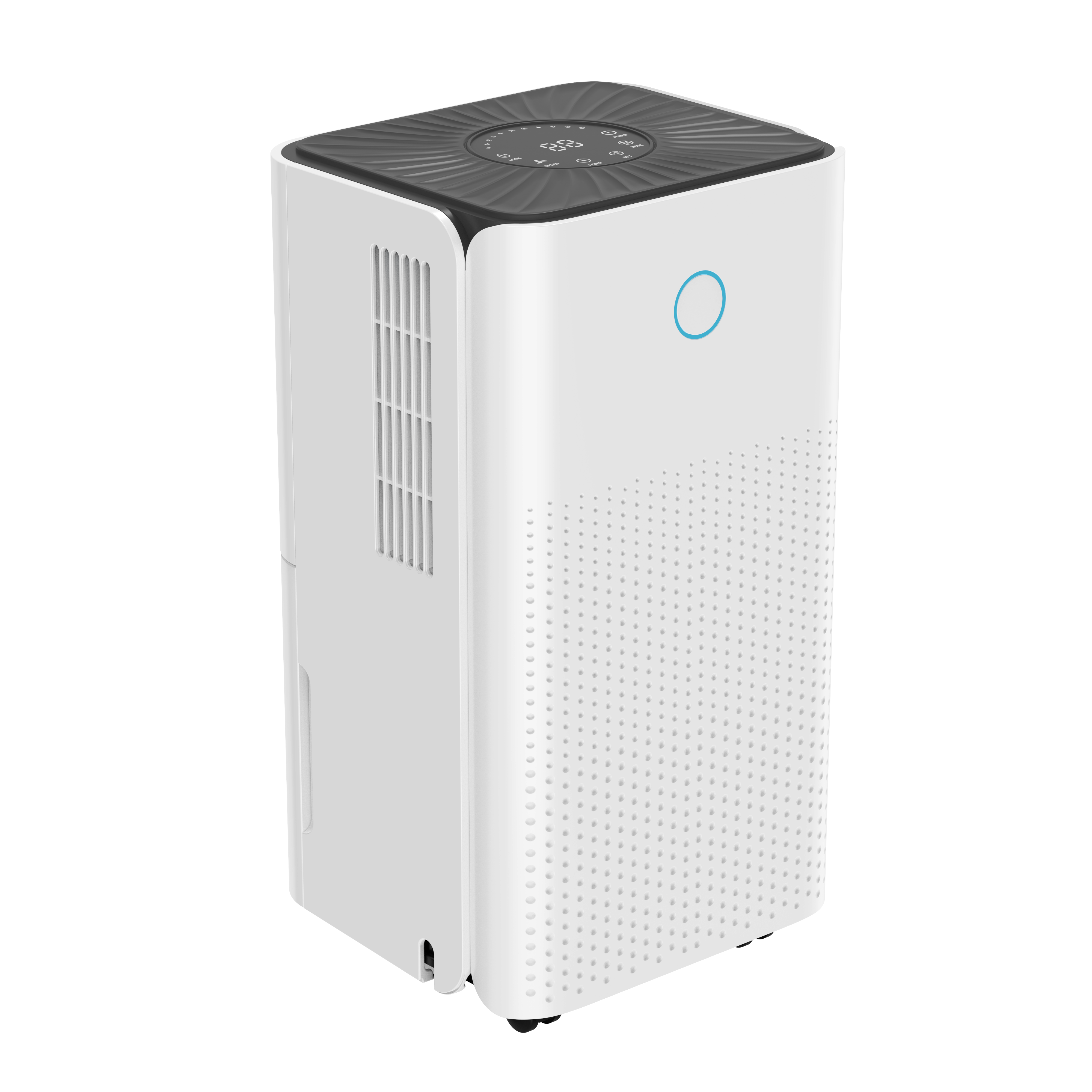 A white dehumidifier with a black top and digital controls.