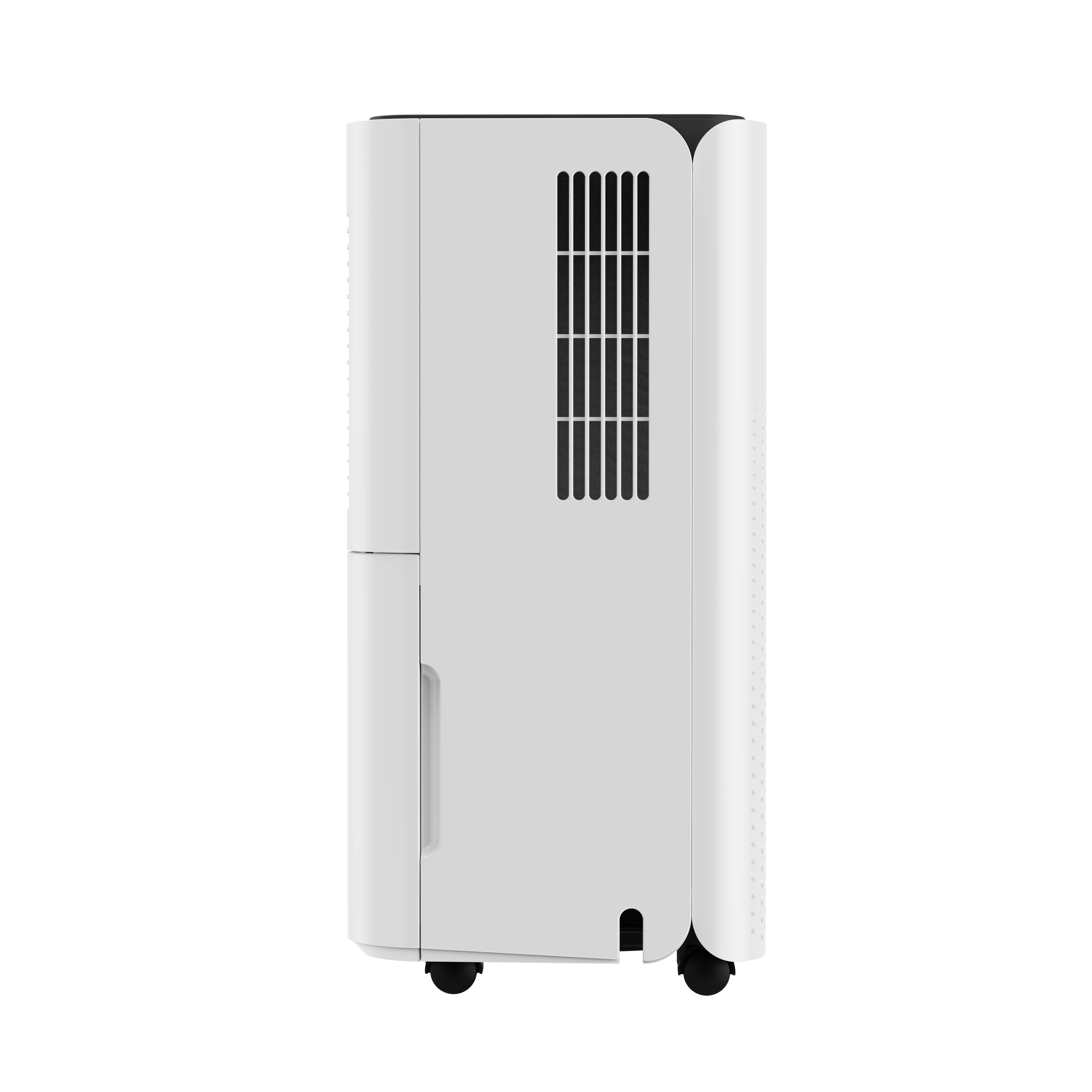 A white dehumidifier with vents and wheels.