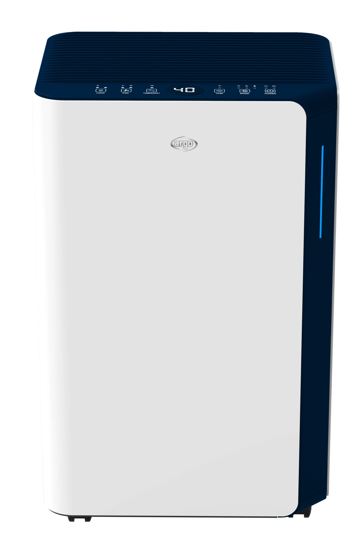 Un purificador de aire blanco con parte superior y panel de control azul oscuro.