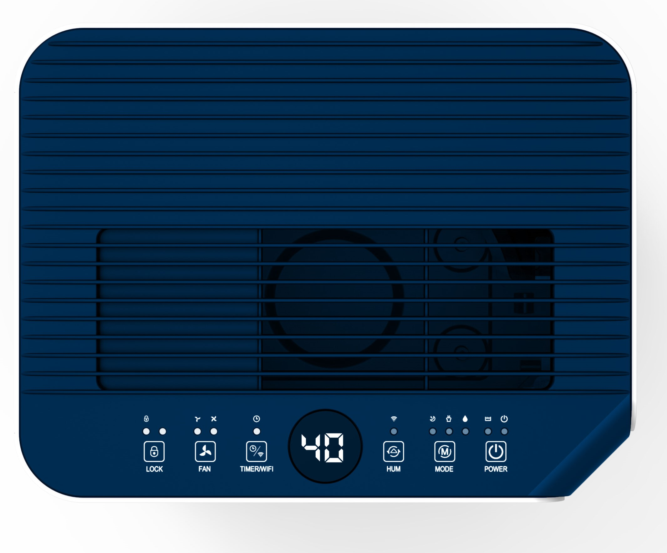 Dispositivo azul oscuro con rejilla de ventilador, pantalla e iconos para Bloqueo, Ventilador, Temporizador/Wifi, Hum, Modo, Encendido.