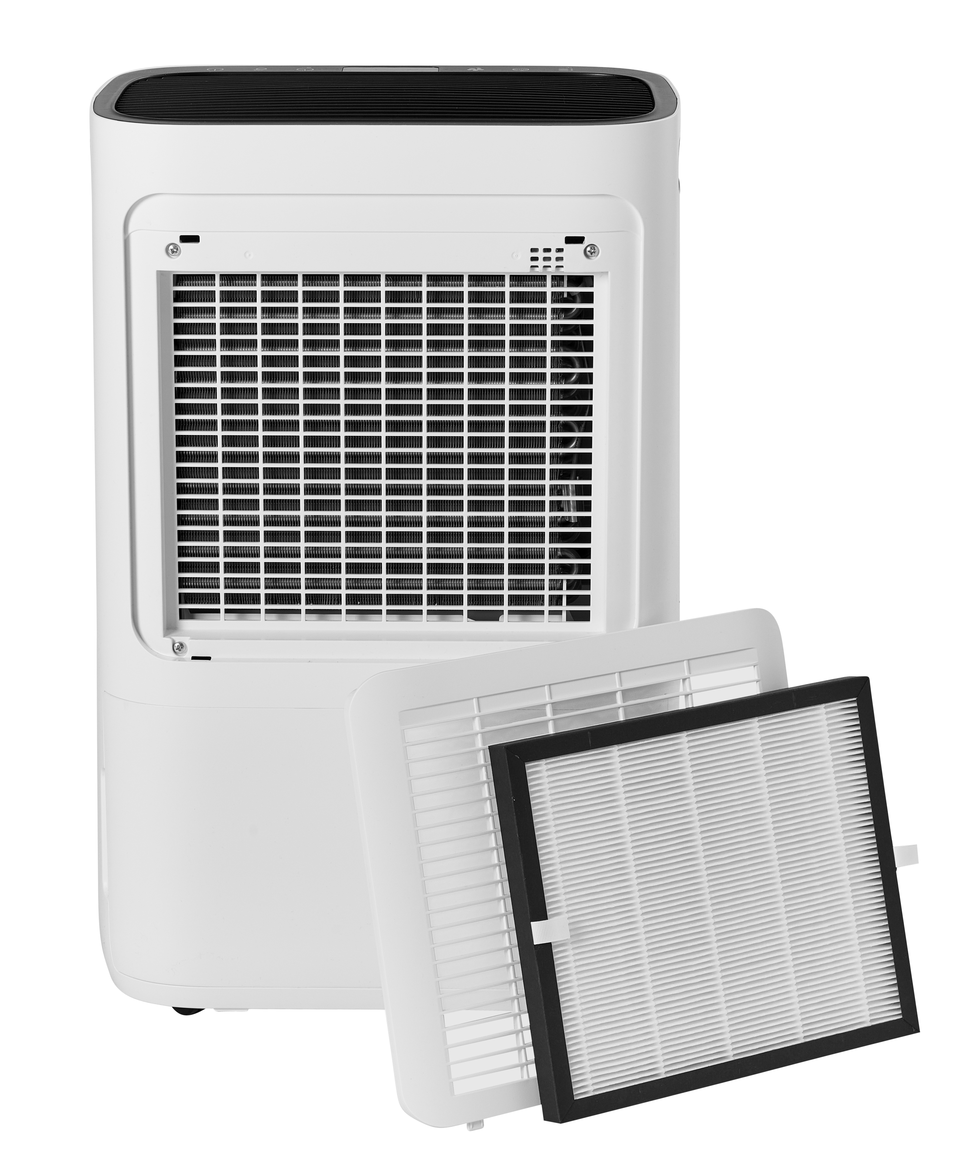 A white air purifier with its filter removed. White body, black filter.