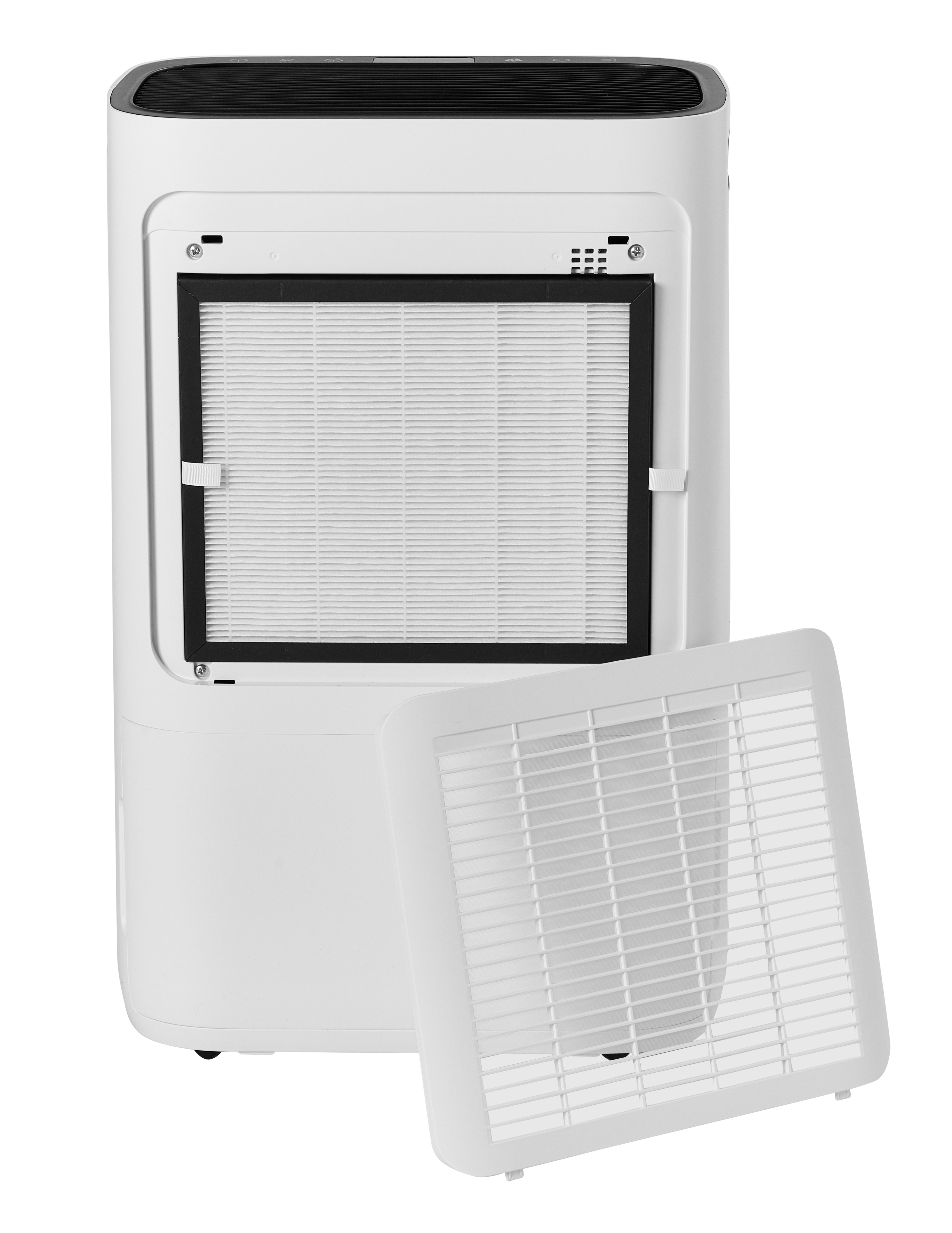 A white air purifier with its filter and cover removed.