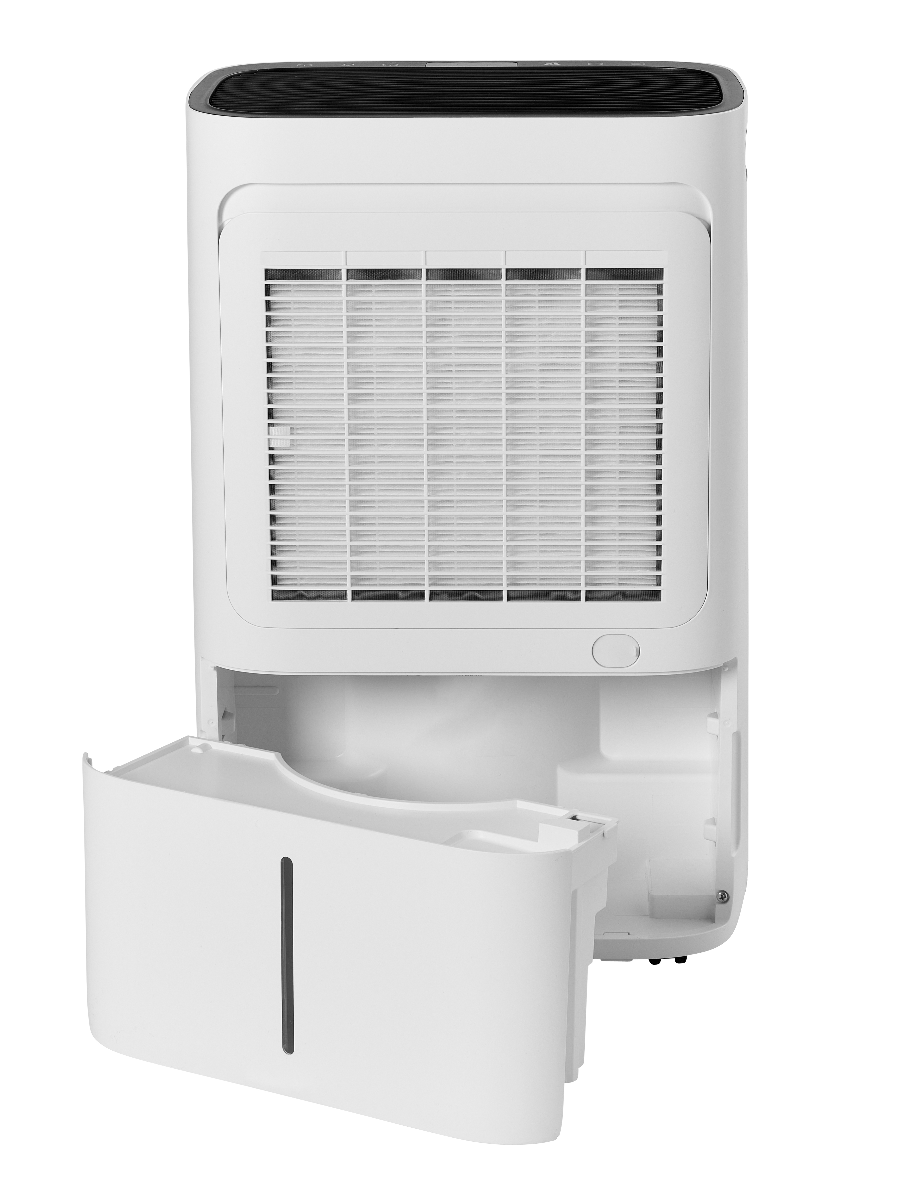 A white dehumidifier with its water tank pulled out, showing the filter.