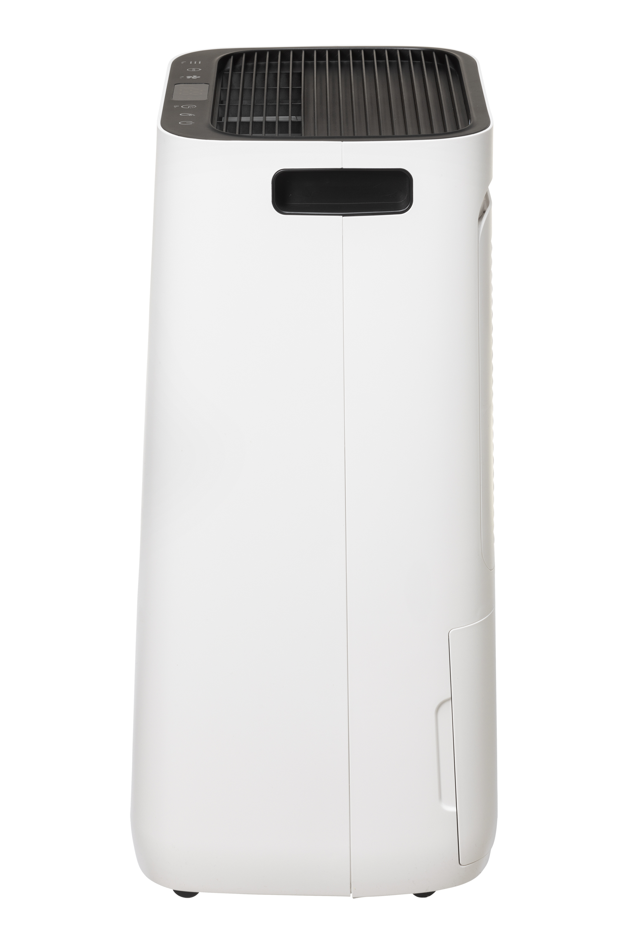 A white dehumidifier with a black vent and control panel.