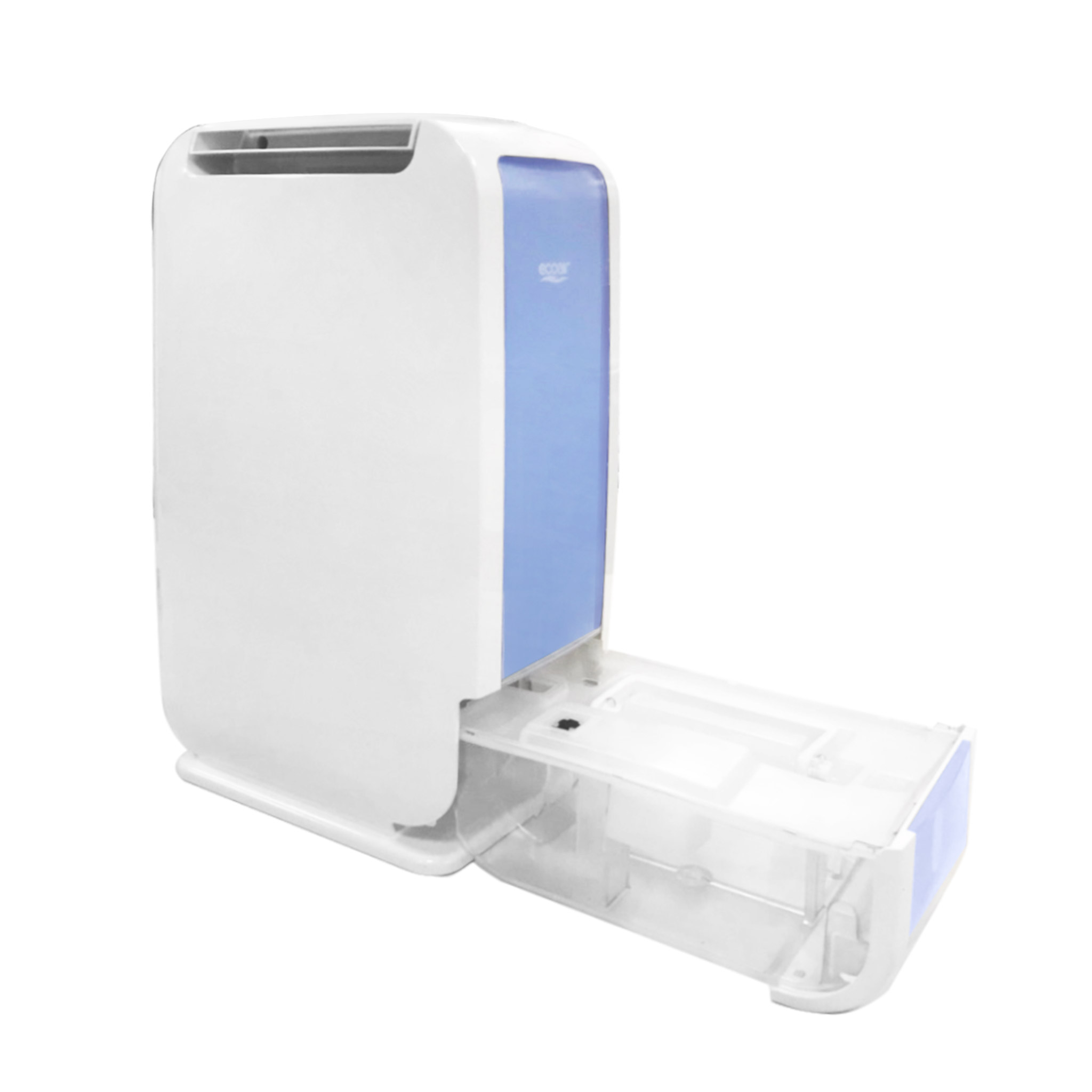 A white dehumidifier with a blue accent and a pull-out water tank.