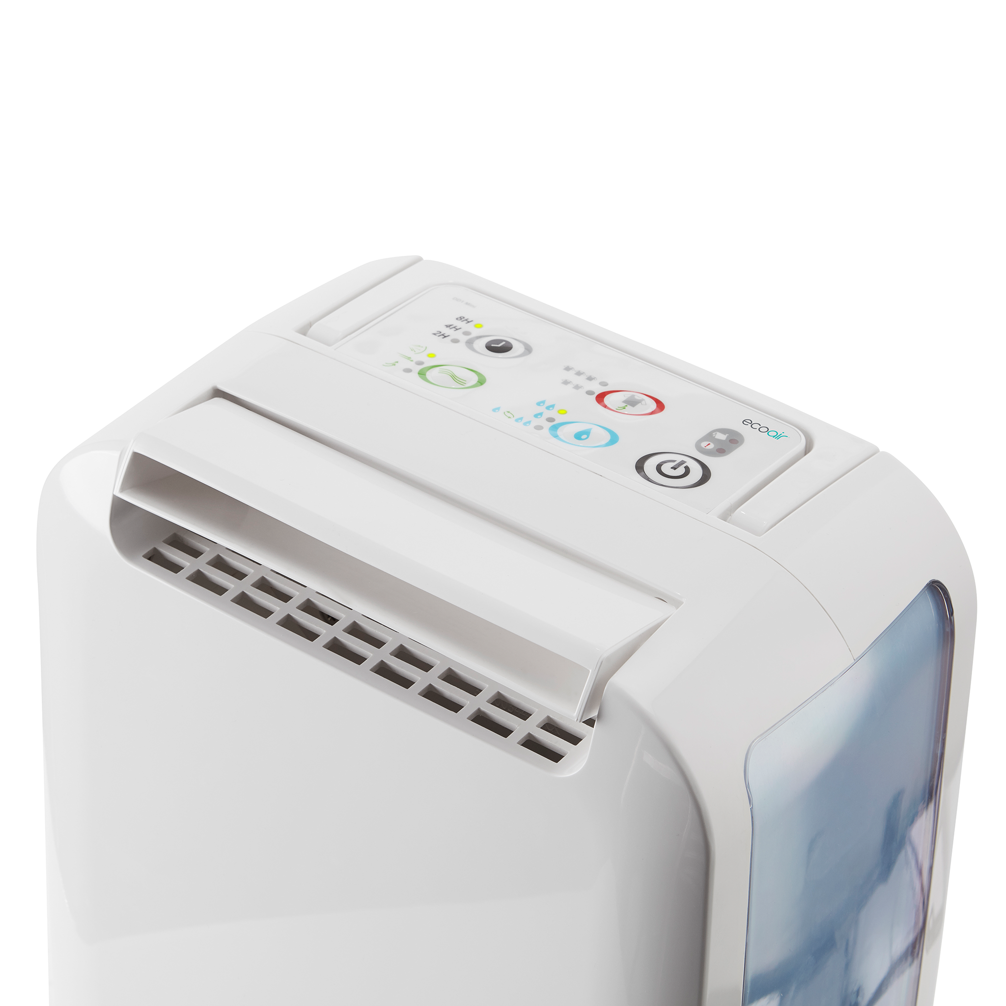 A white dehumidifier with vents and a control panel.
