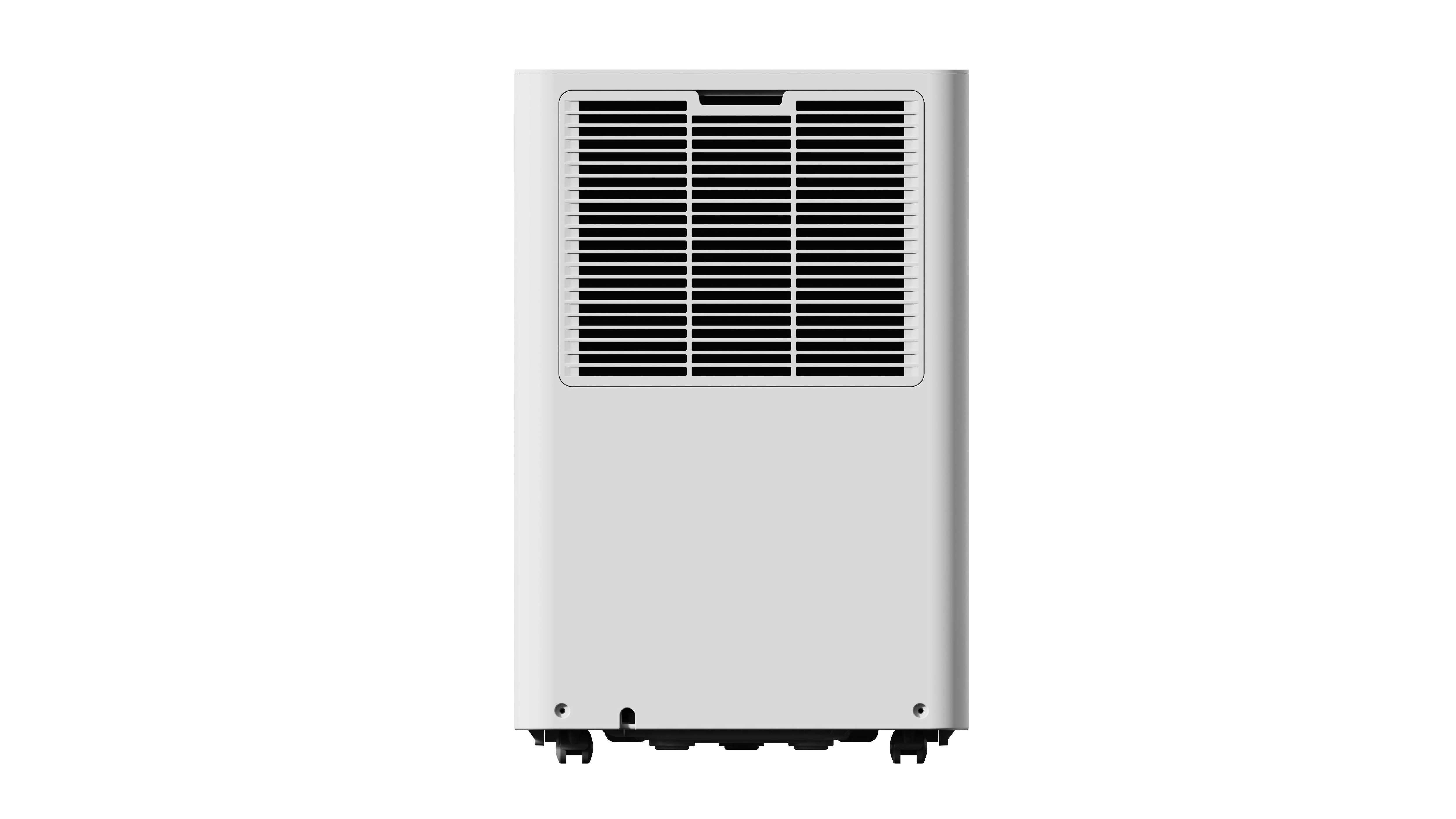 Una unidad de aire acondicionado portátil blanca con parte superior ranurada y ruedas.