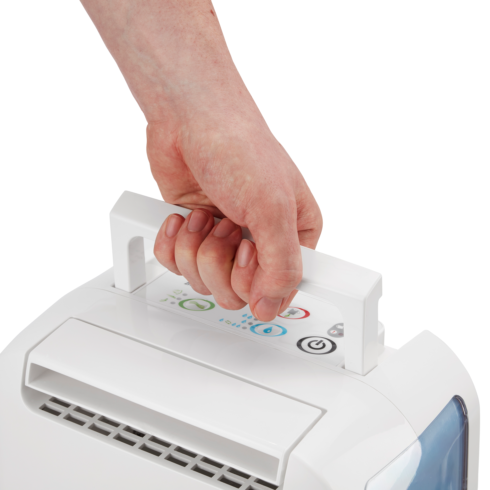 A hand grips the handle of a white device with control buttons.