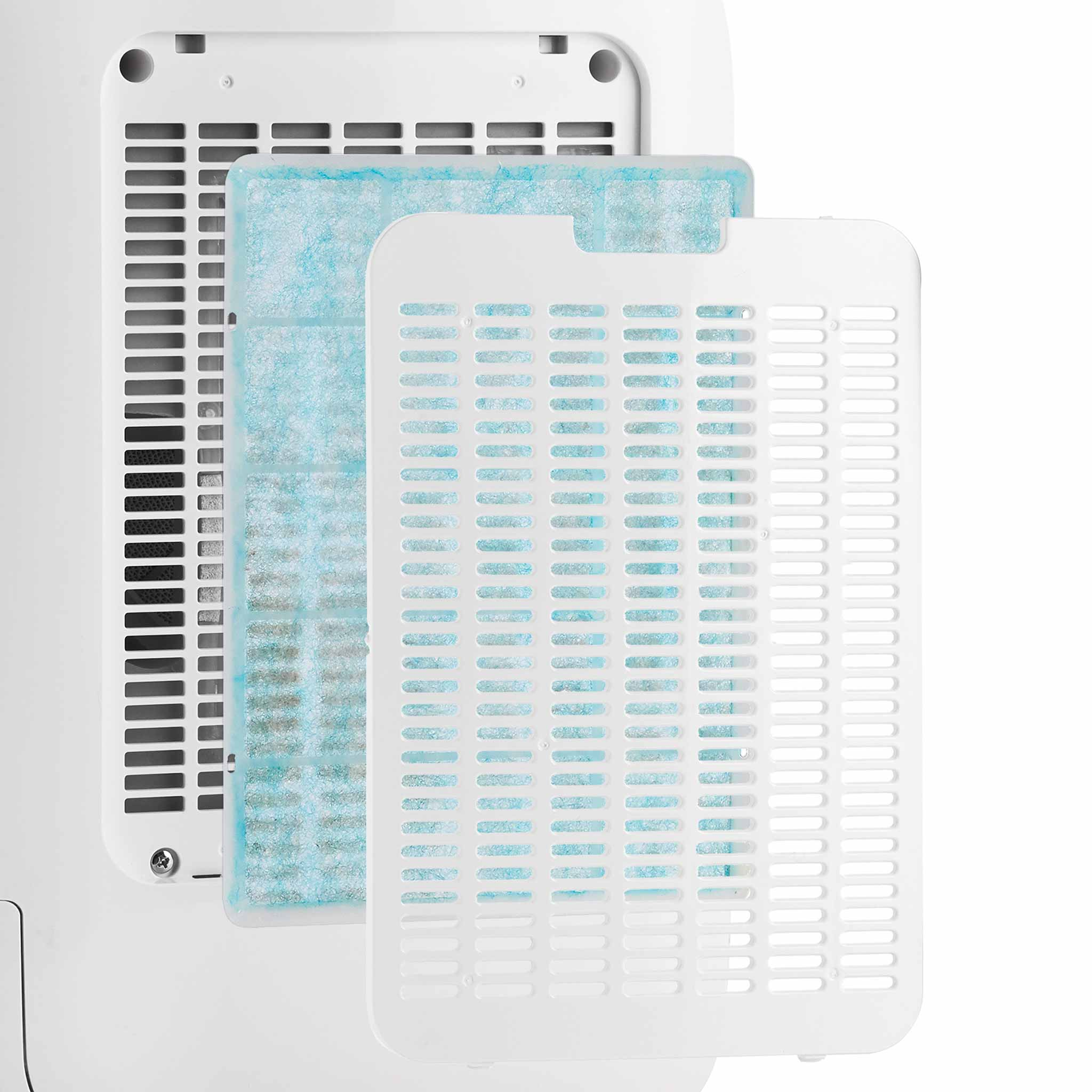 A white fan with a blue filter in front.