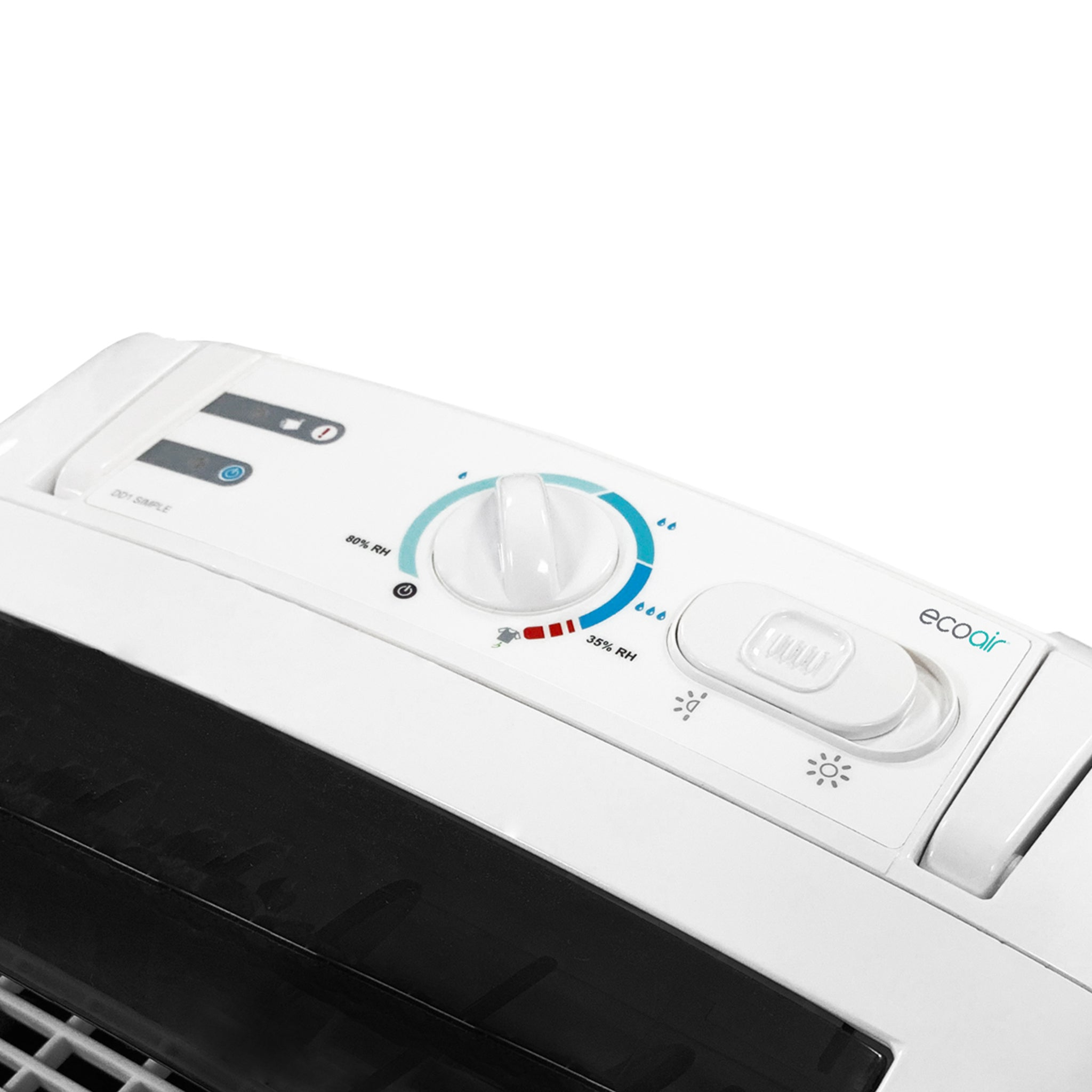 A white dehumidifier with a humidity dial and control buttons.