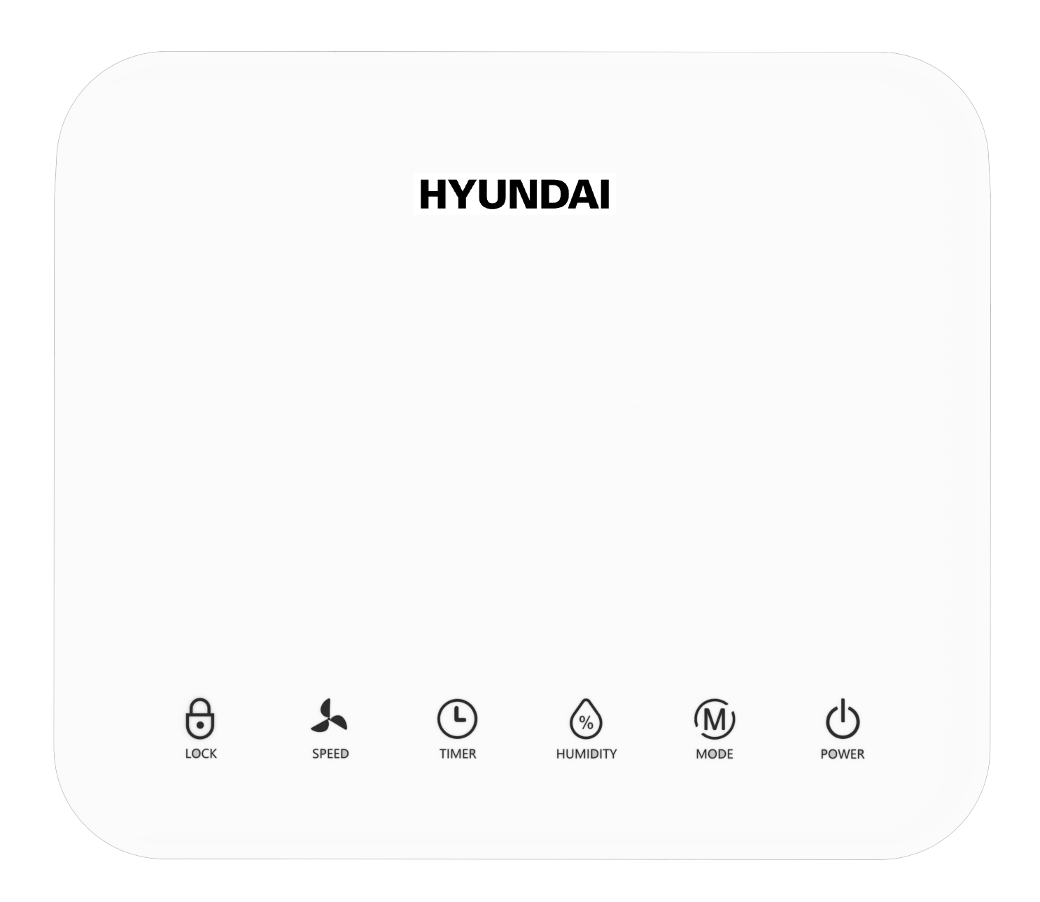 Hyundai device with icons: lock, fan, timer, humidity, mode, power.