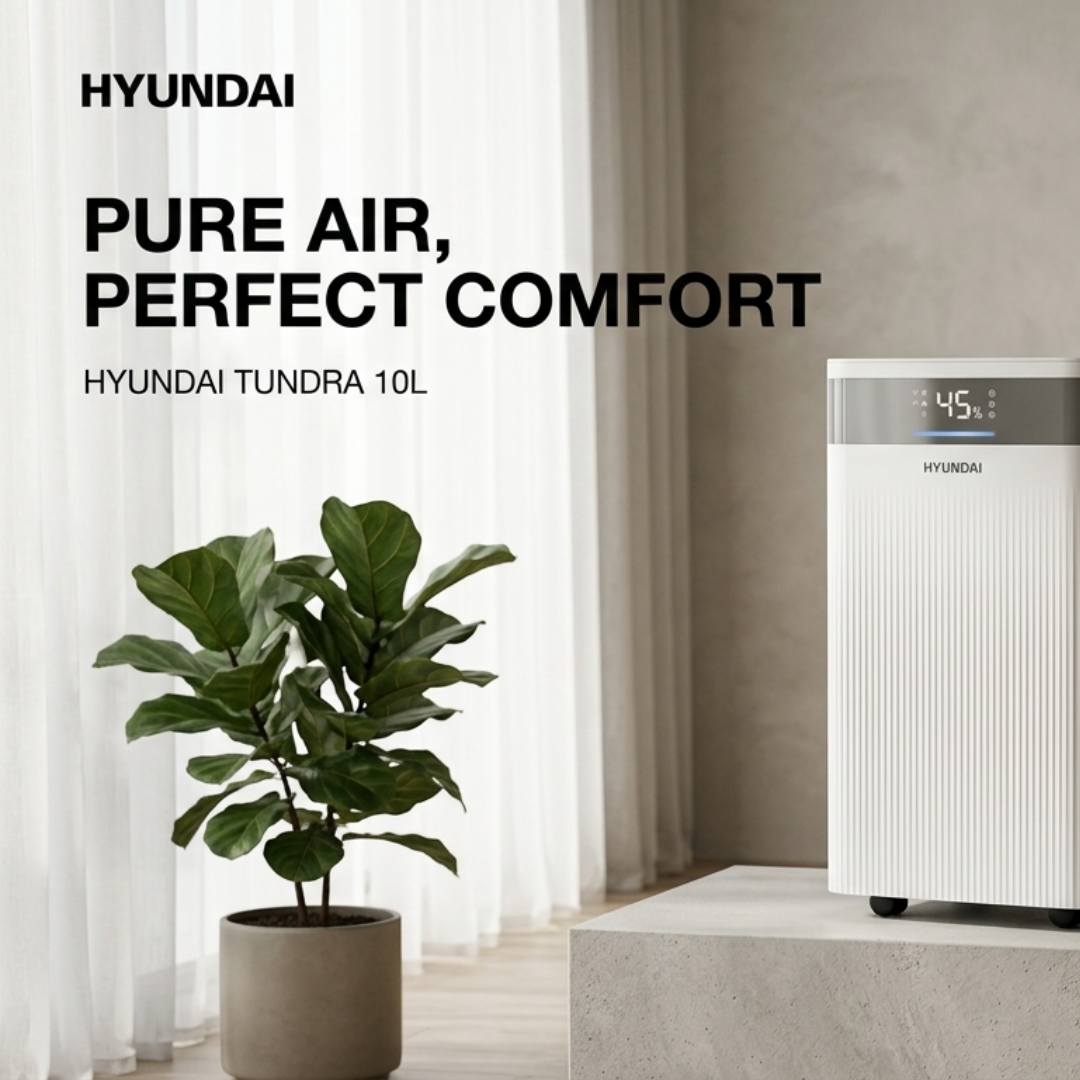 A white Hyundai air purifier displays 45% next to a potted plant.