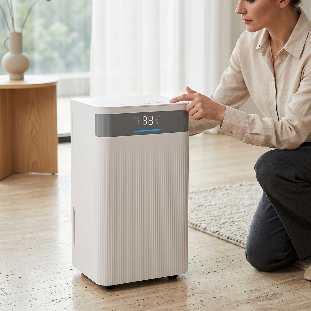 A woman operates a white dehumidifier with a digital display.