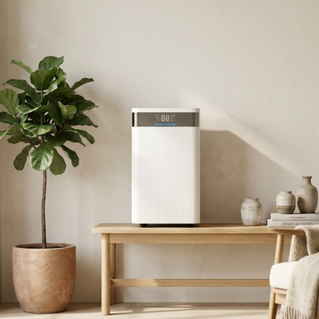 A white air purifier with digital display sits on a wooden bench. A potted plant is to its left.