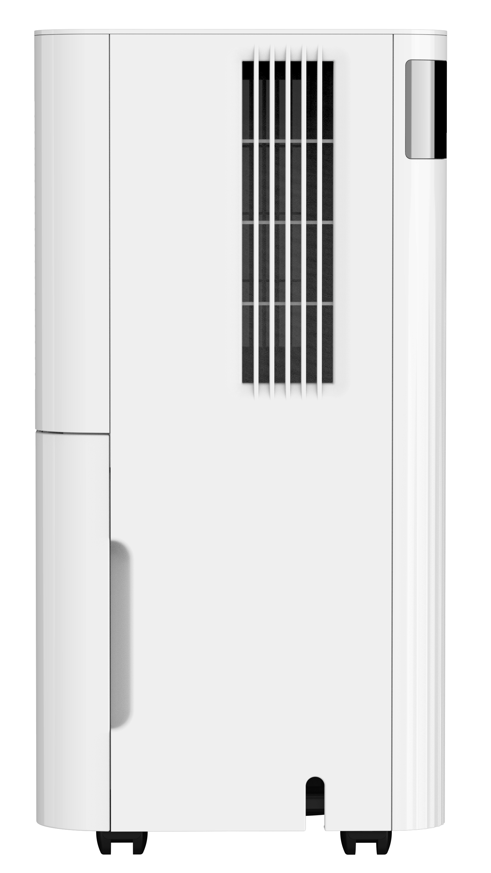 White air conditioner with ventilation slits and a handle.