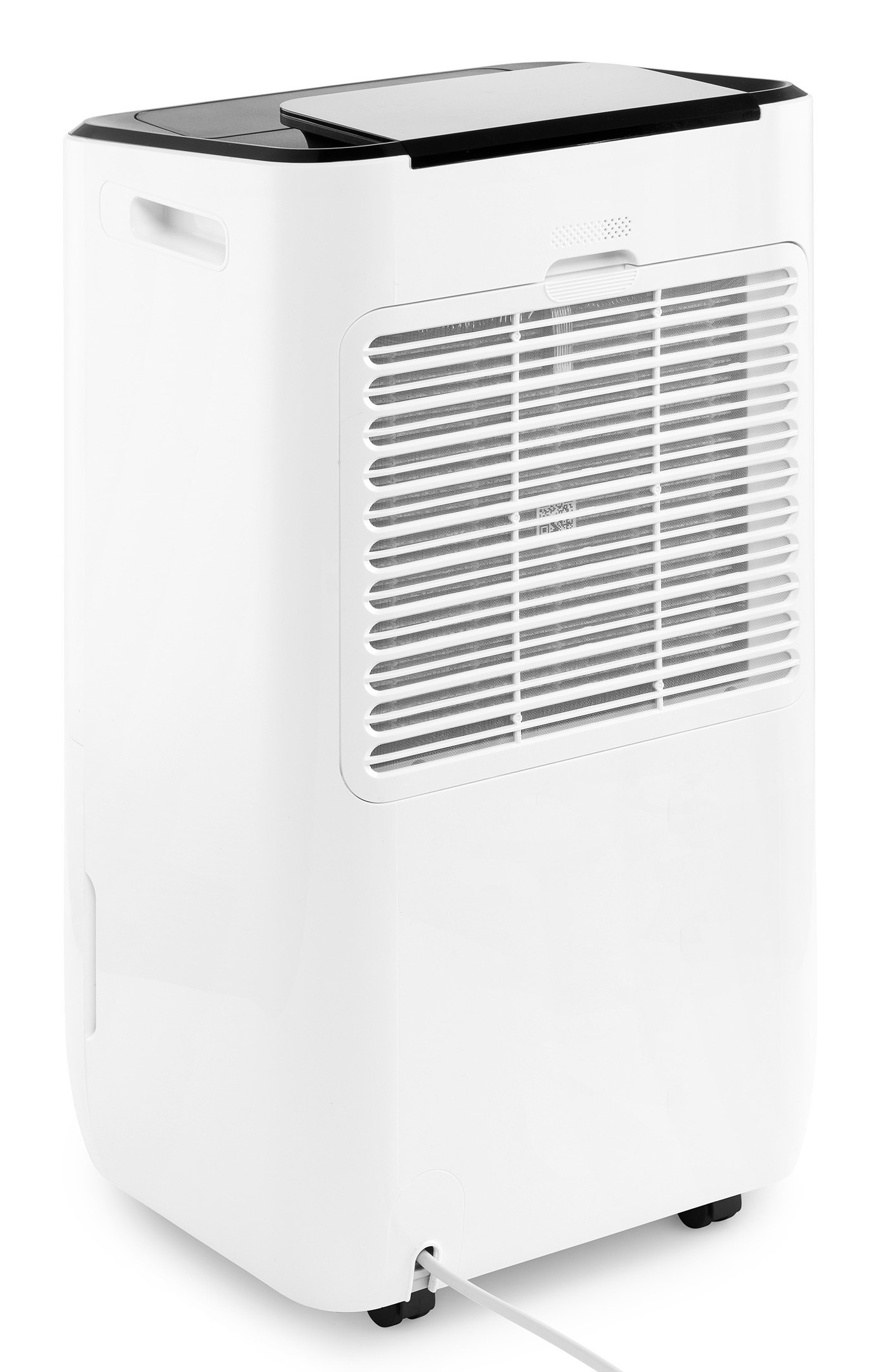 A white dehumidifier with a black top and a ventilation grille.