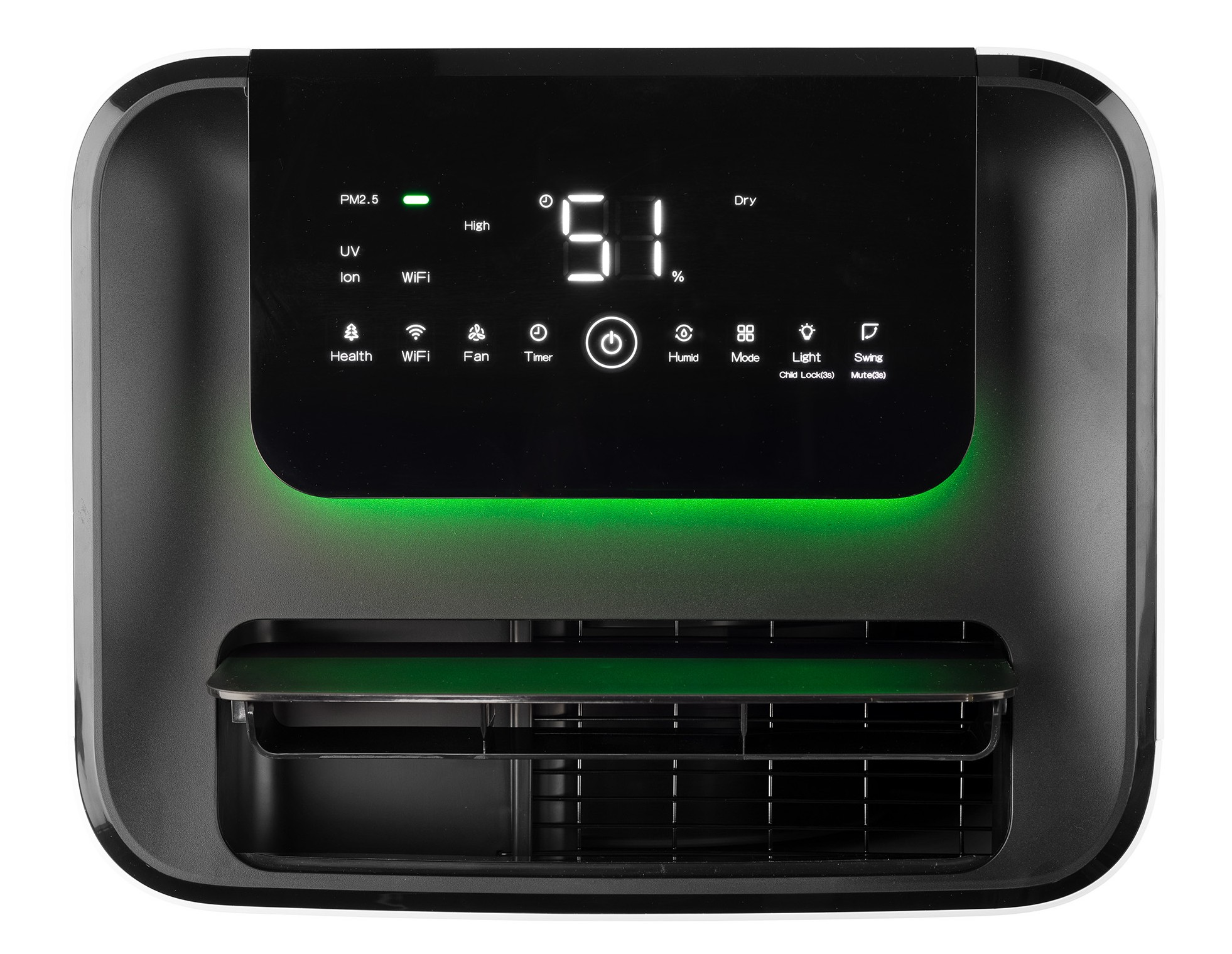 A black dehumidifier with a digital display showing 51%.