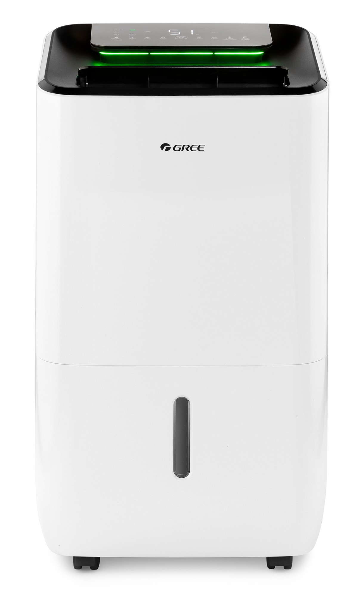 A white dehumidifier with a black top and green accent lighting.
