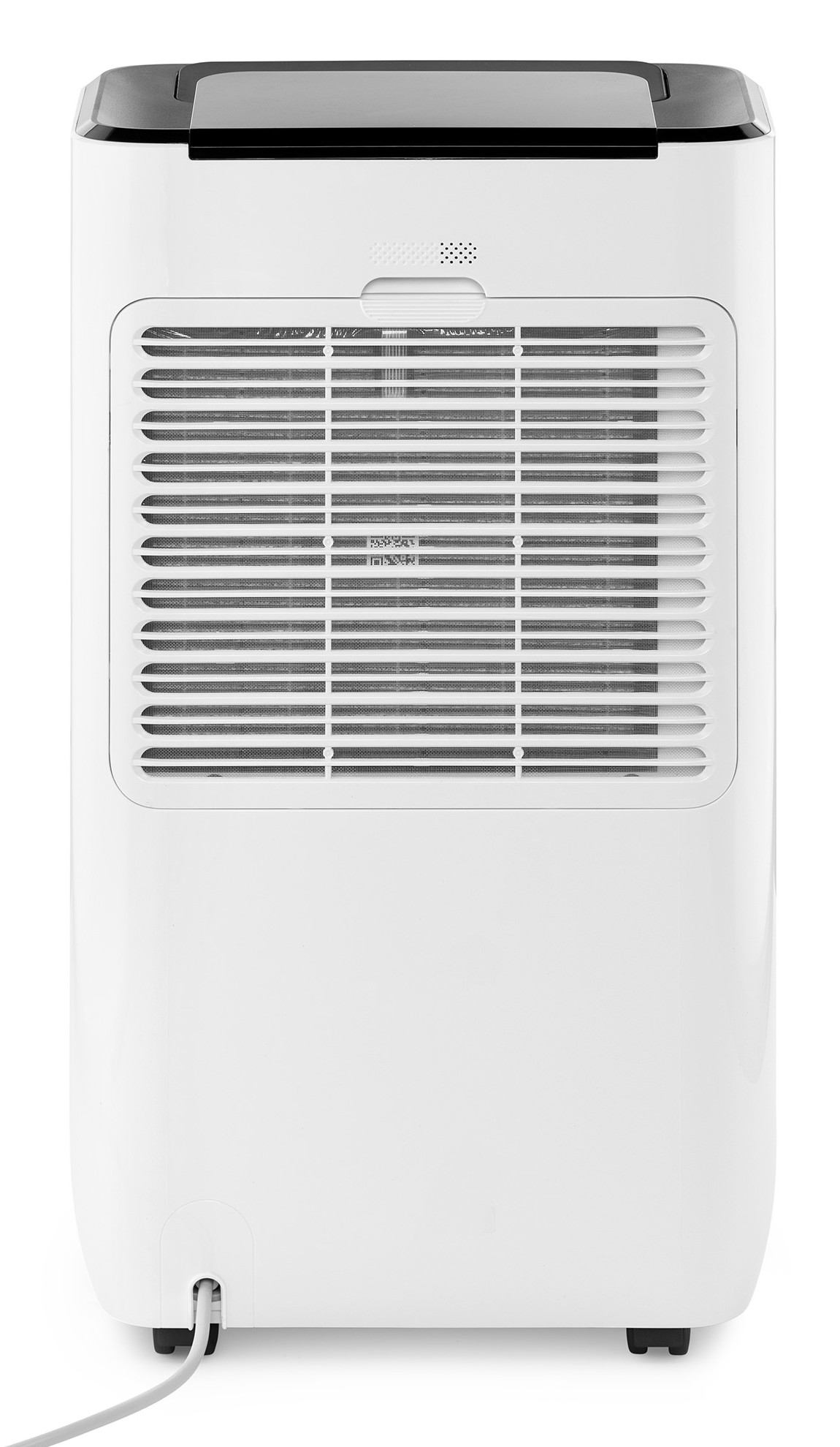 Back of a white air cooler with vents, fan, and cord connection.