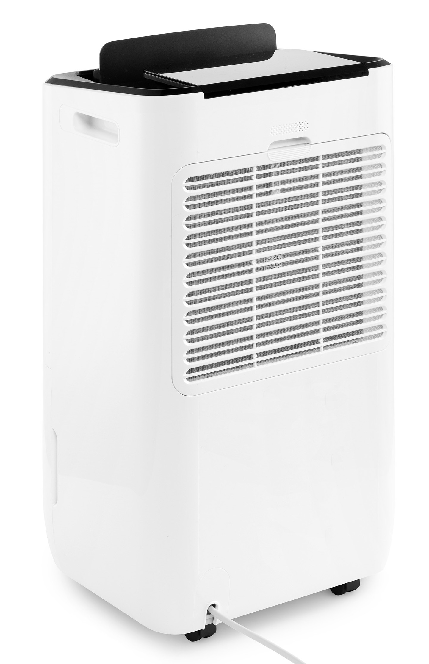 A white dehumidifier with a black handle and ventilation grille.