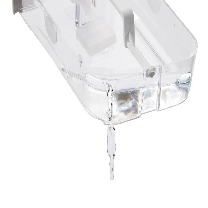 Water flows from a clear plastic container. White components are visible inside.