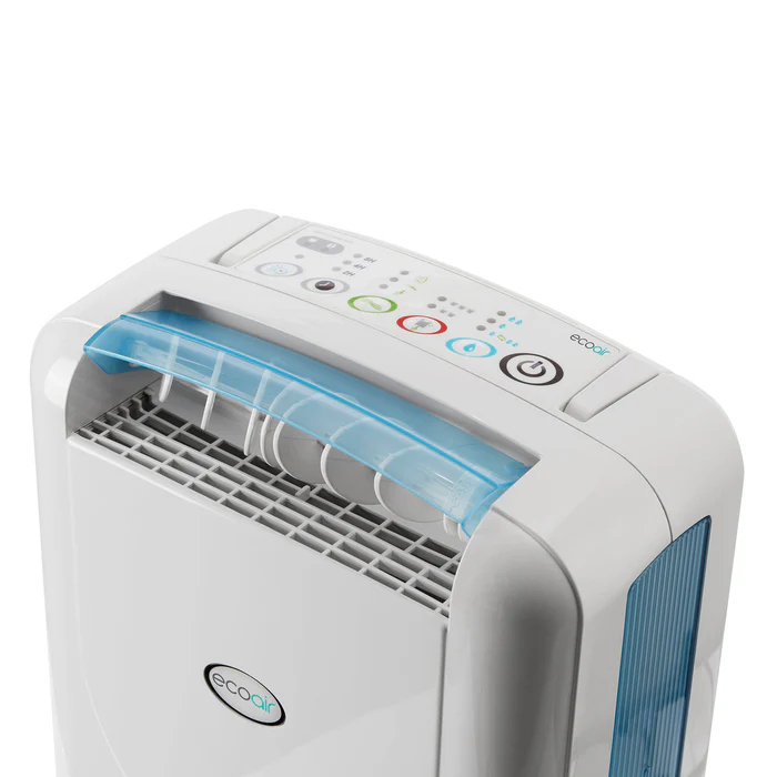 White dehumidifier with blue accents, control panel, and handle. Close up.