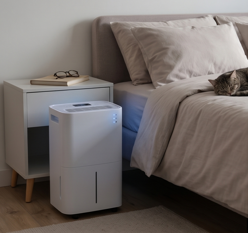 A white dehumidifier next to a bed where a cat is sleeping.