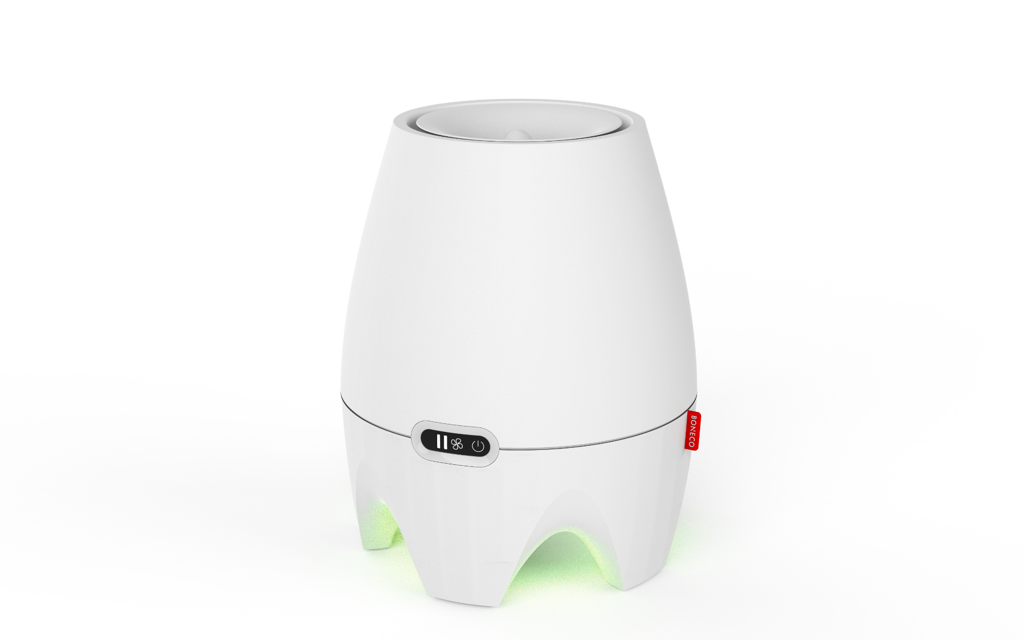 A white humidifier with blue light and control buttons.