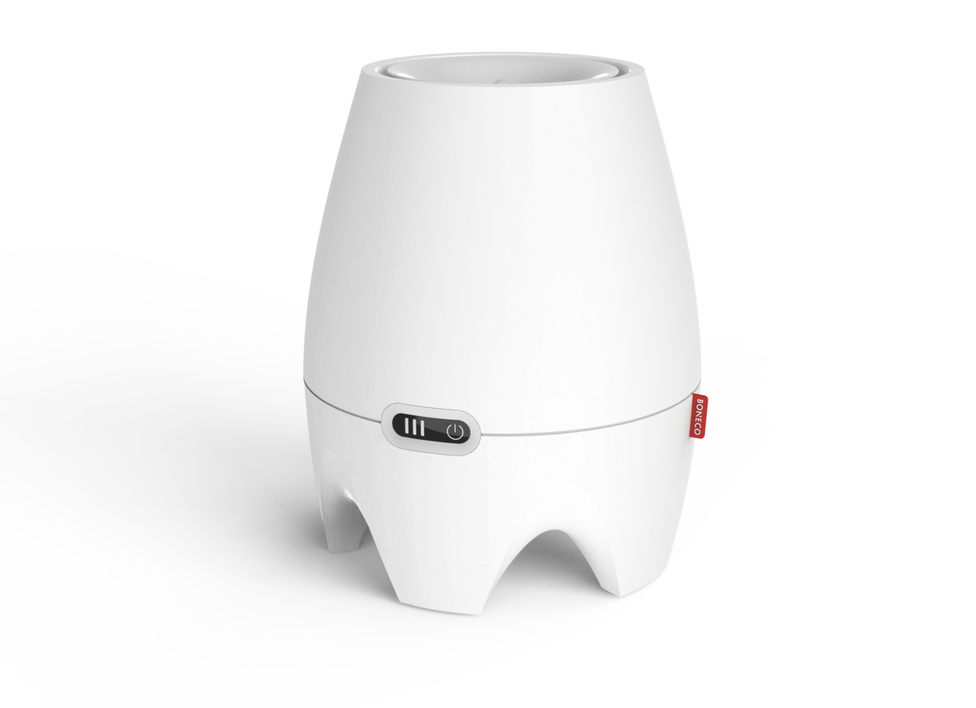 A white BONECO humidifier with a power button and three bars.