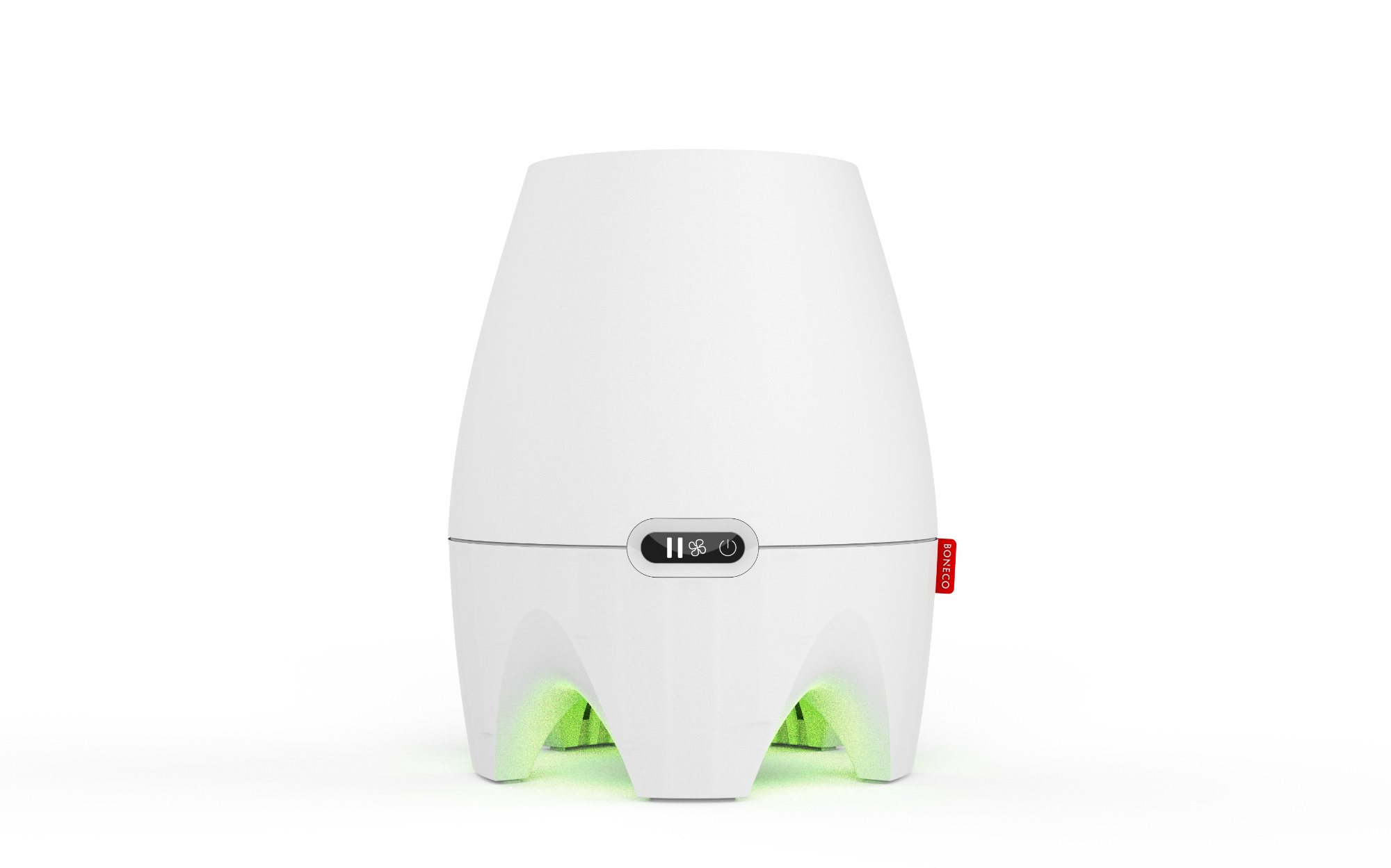 White humidifier with green light at the base. A control panel is visible.
