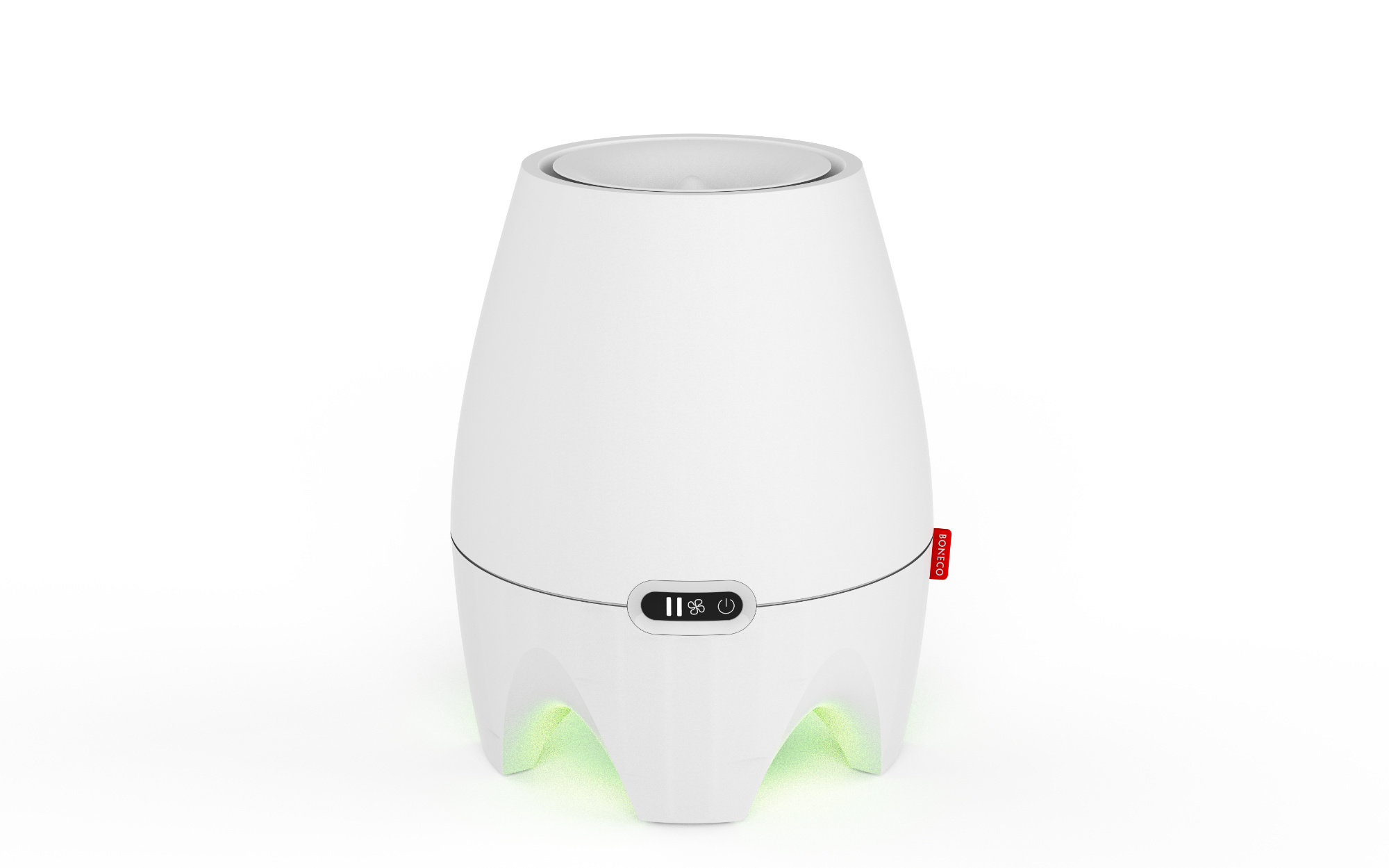 A white humidifier with green light at its feet and a control panel.