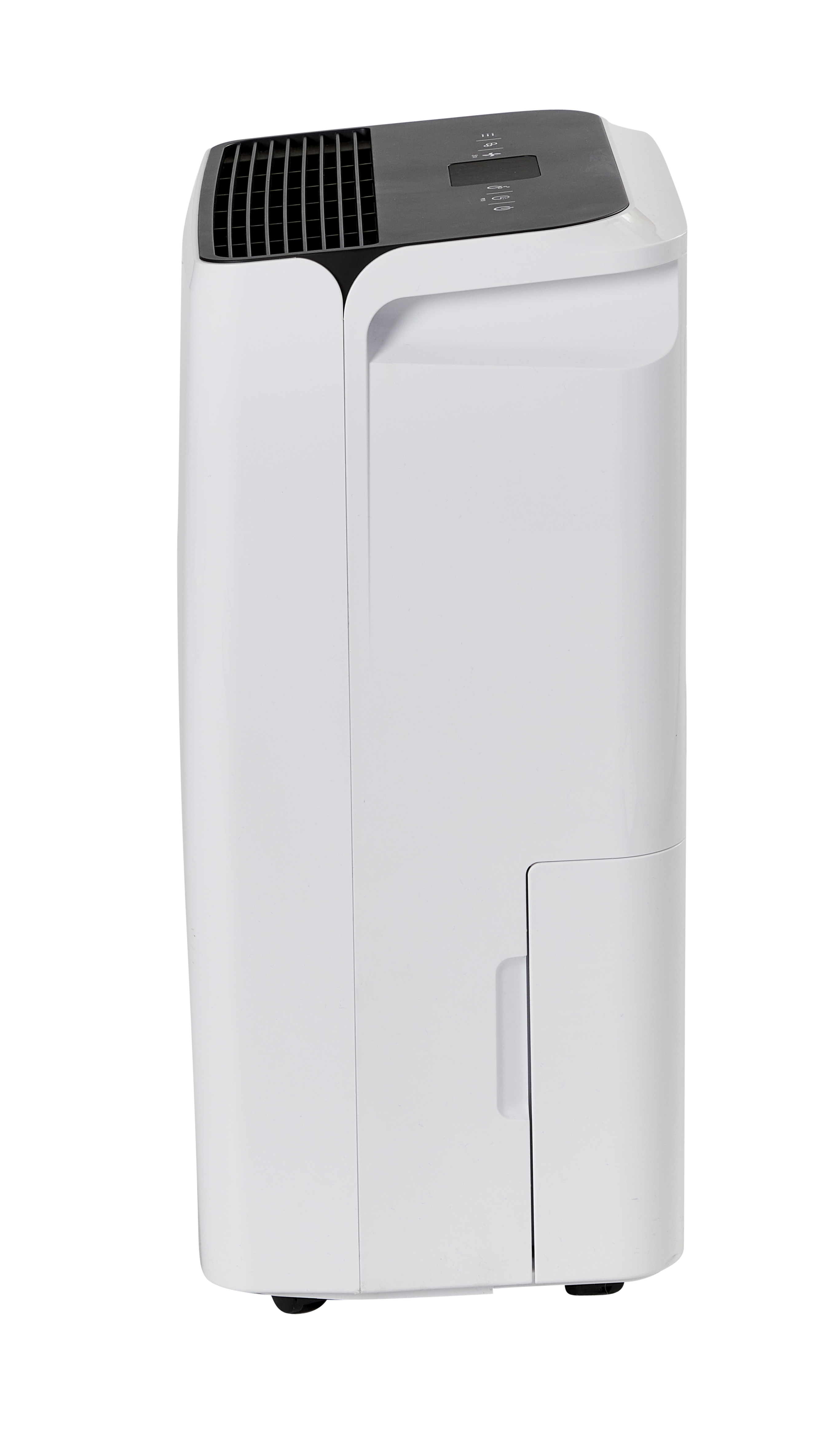 A white dehumidifier with a black top and control panel stands on a white background.