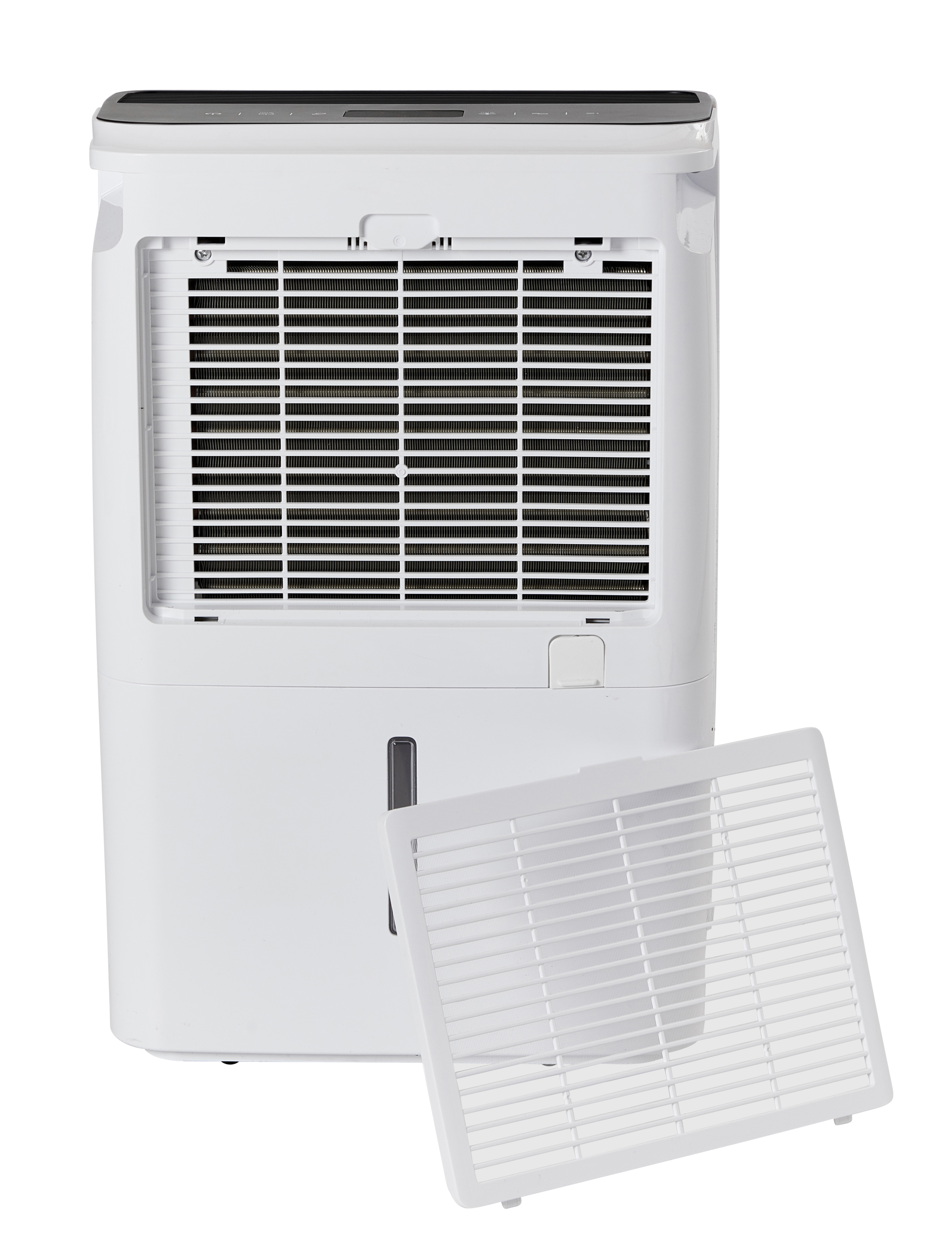 A white dehumidifier with its filter removed, showing vents and a water tank.