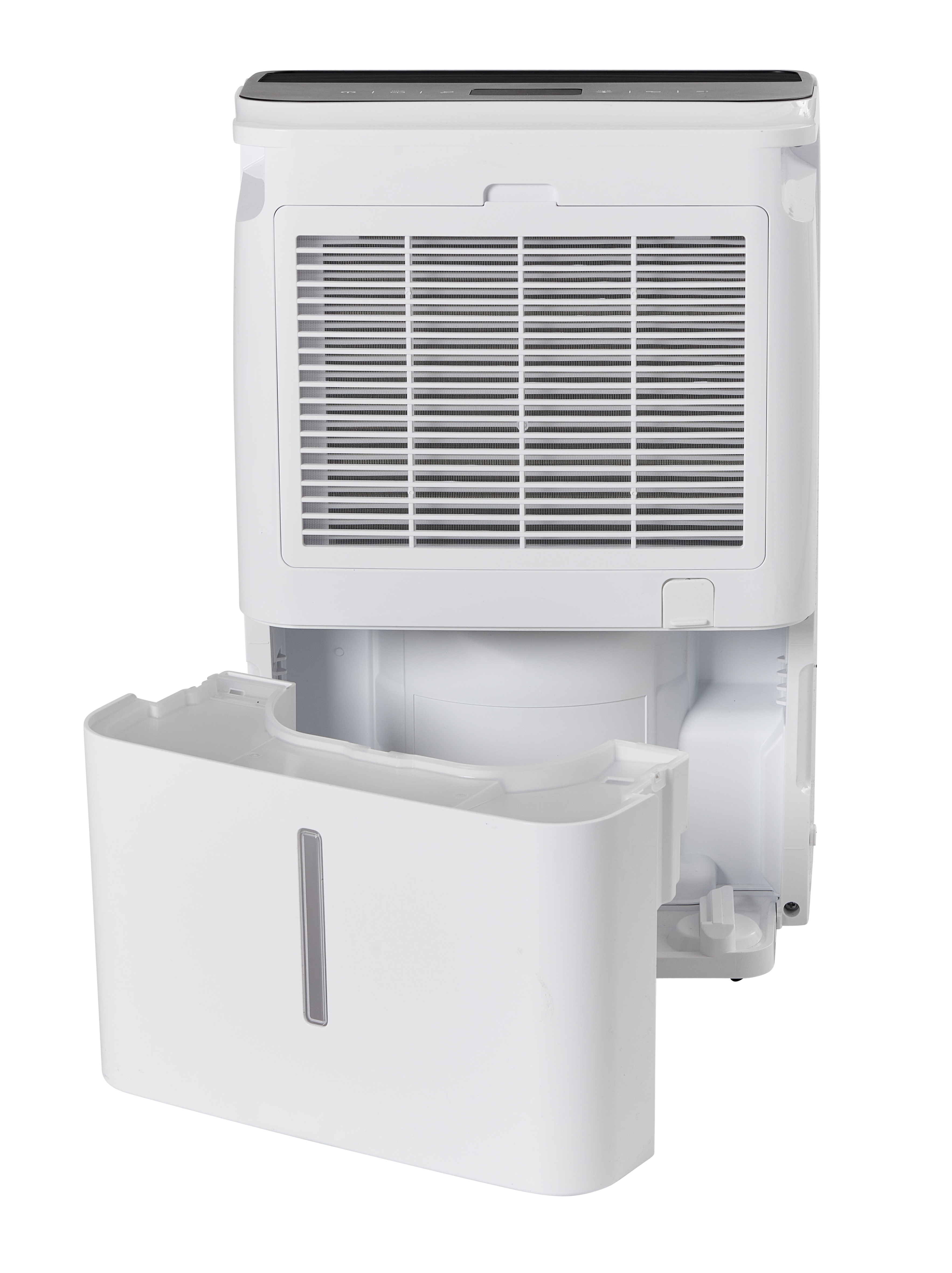 A white dehumidifier with its drawer pulled out and a ventilation grille.