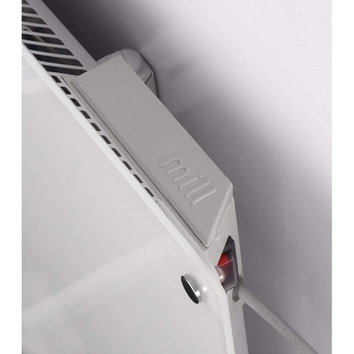 White heater with gray vent and red switch. The brand name 'mill' is visible.