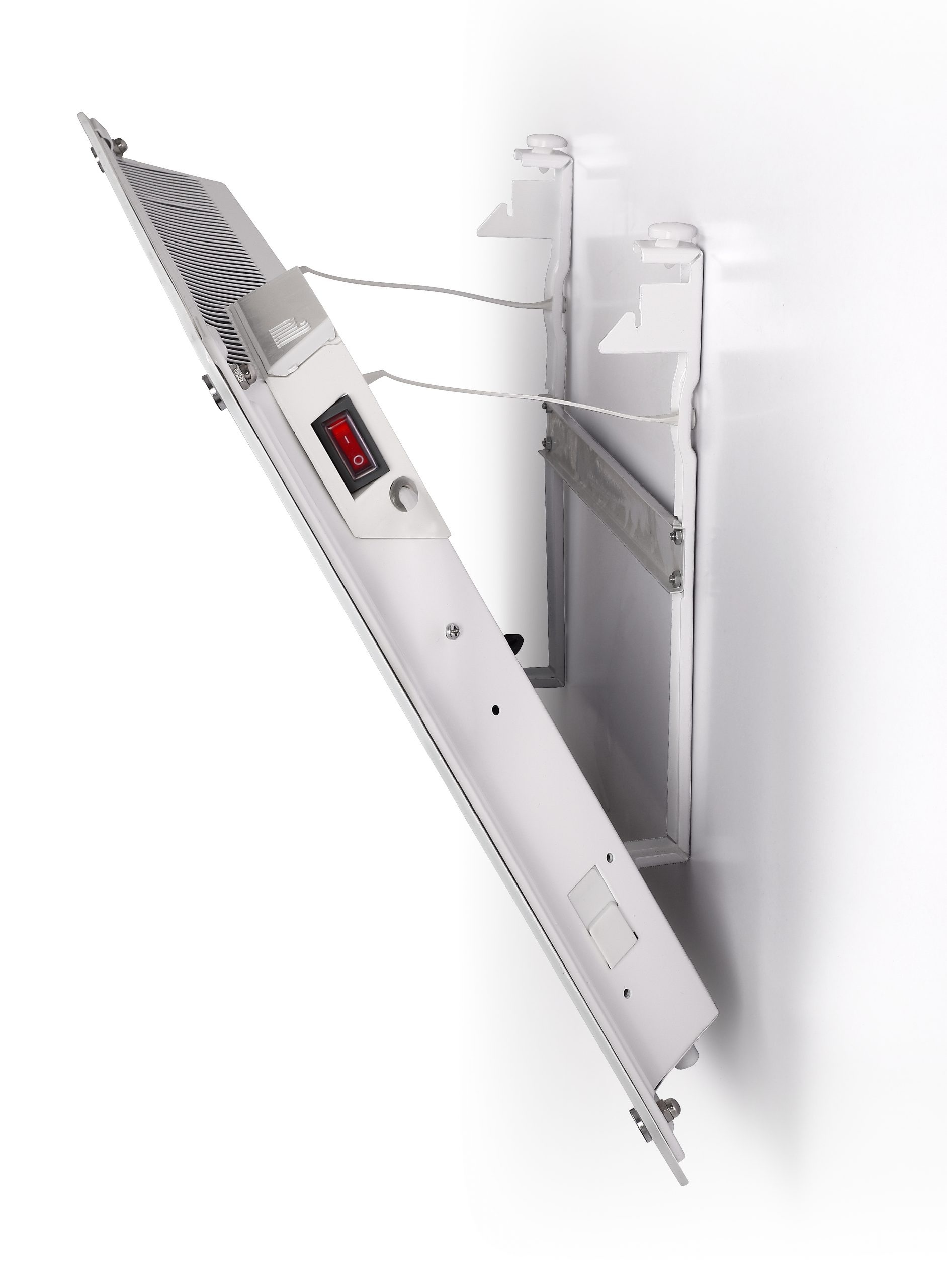 A white heater with a red on/off switch is mounted on a white wall.