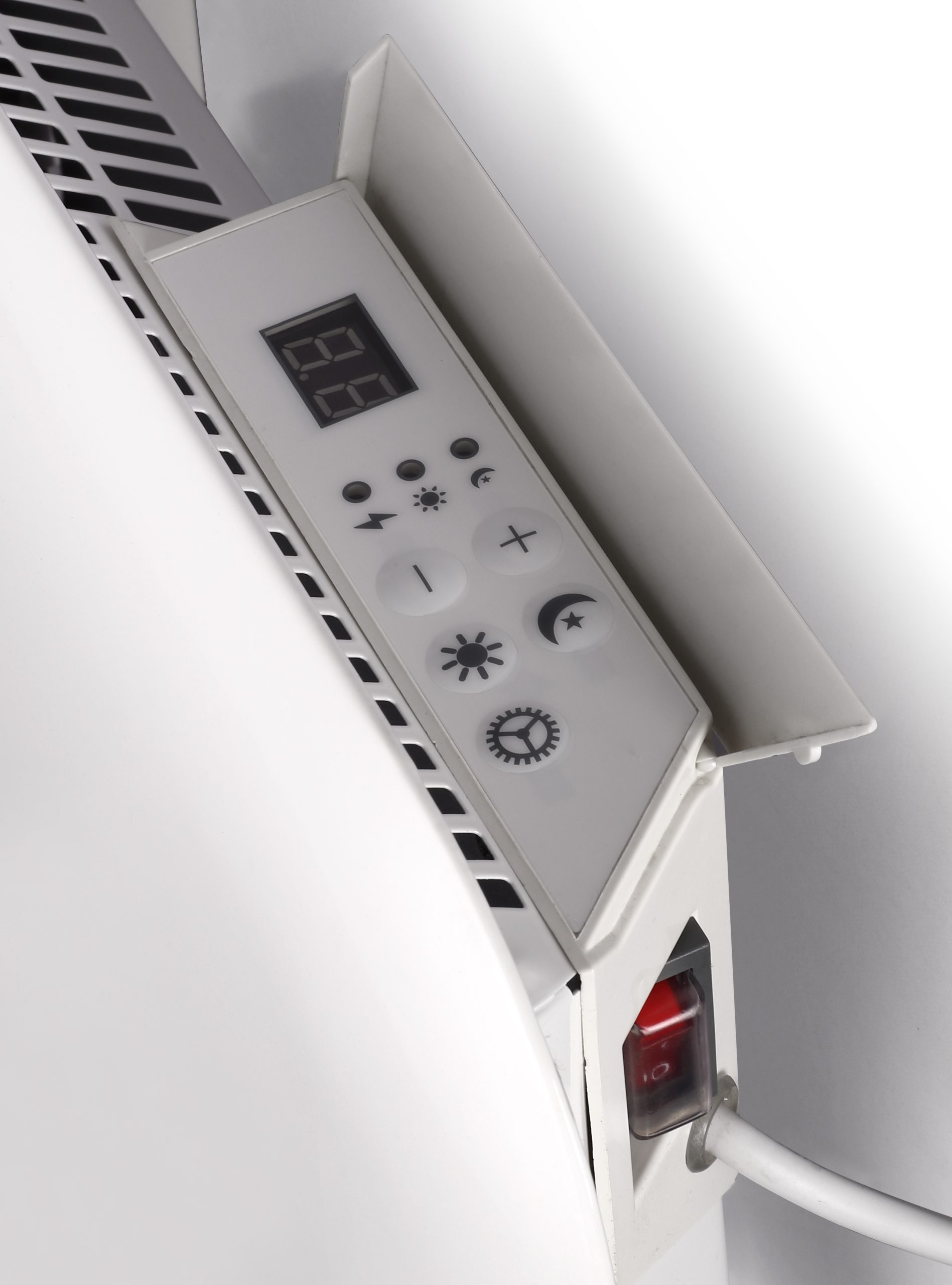Close-up of a white heater with a digital display and control buttons.