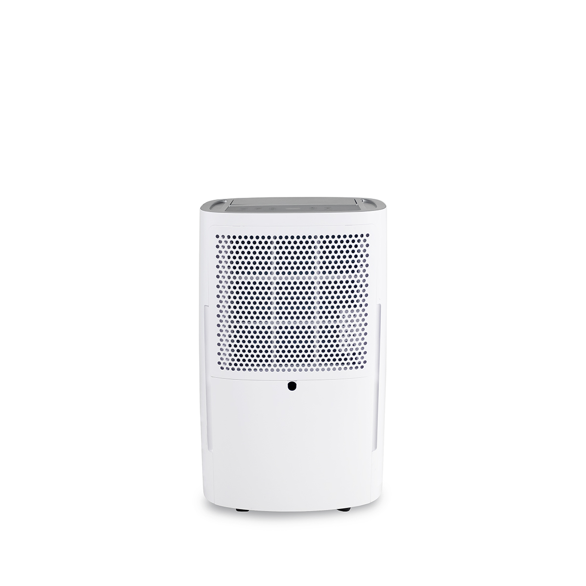 Deshumidificador blanco con panel frontal perforado y depósito de agua.