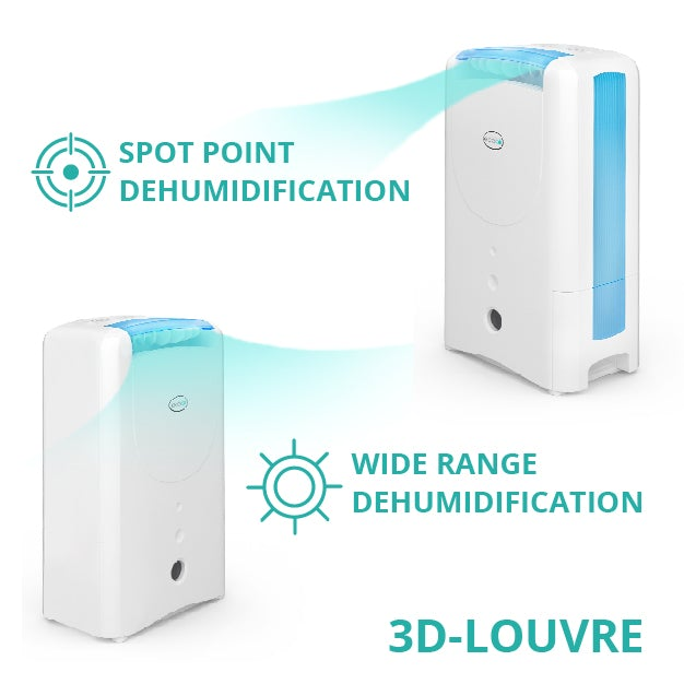Two white dehumidifiers with blue vents and function indicators. Spot and wide range dehumidification.
