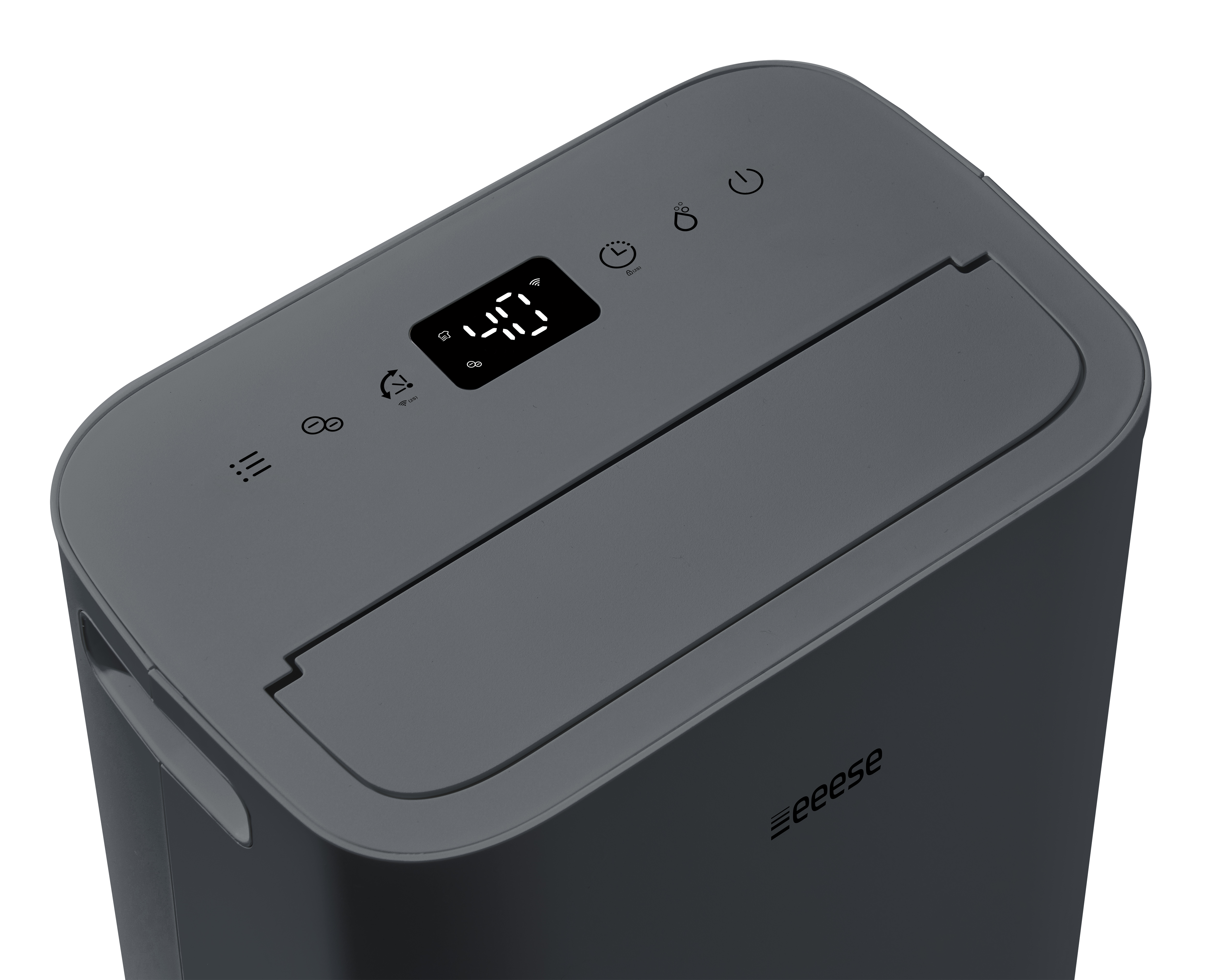 Gray dehumidifier with digital display and control buttons.