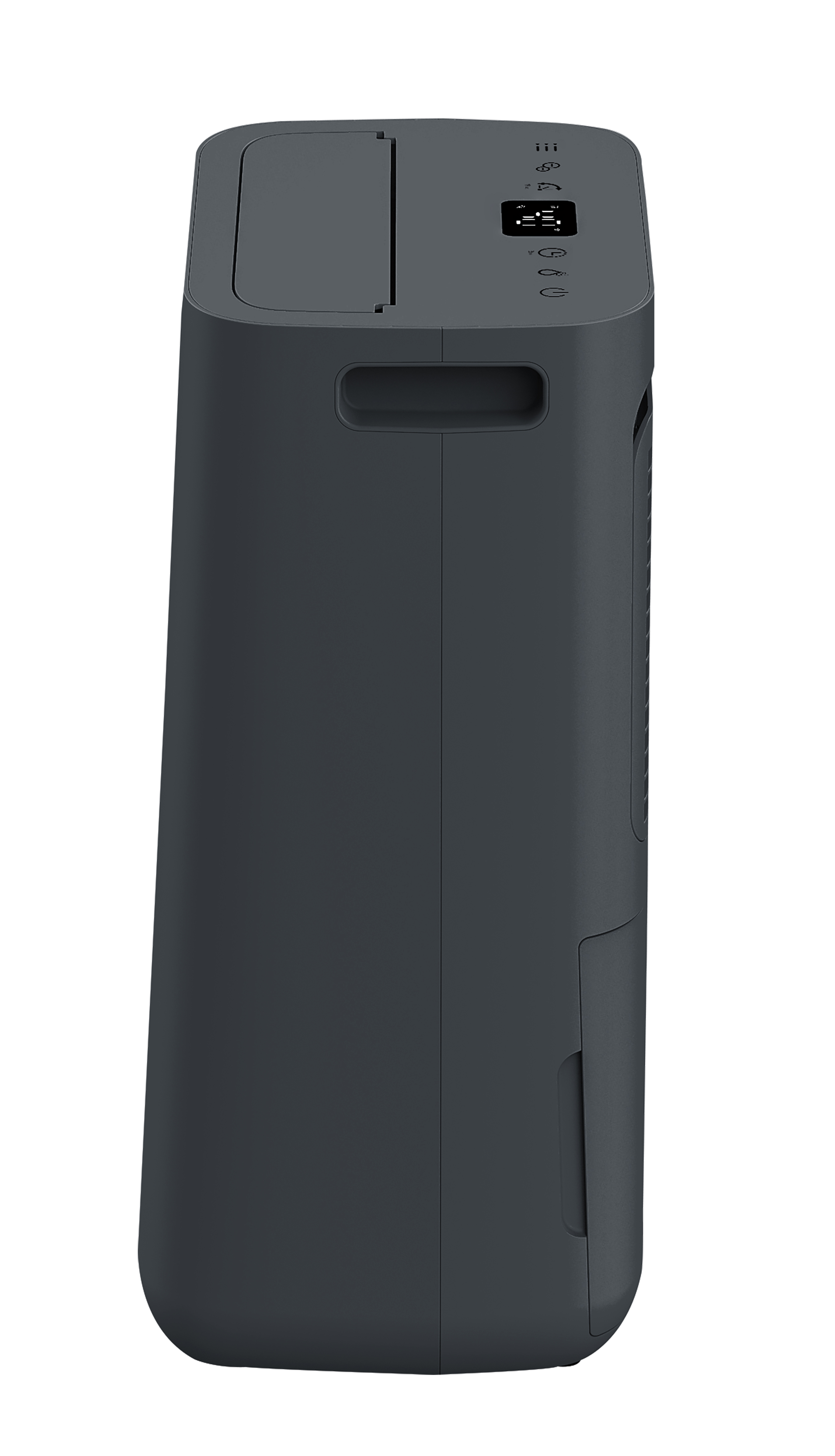 A dark, rectangular dehumidifier with a digital display and controls.
