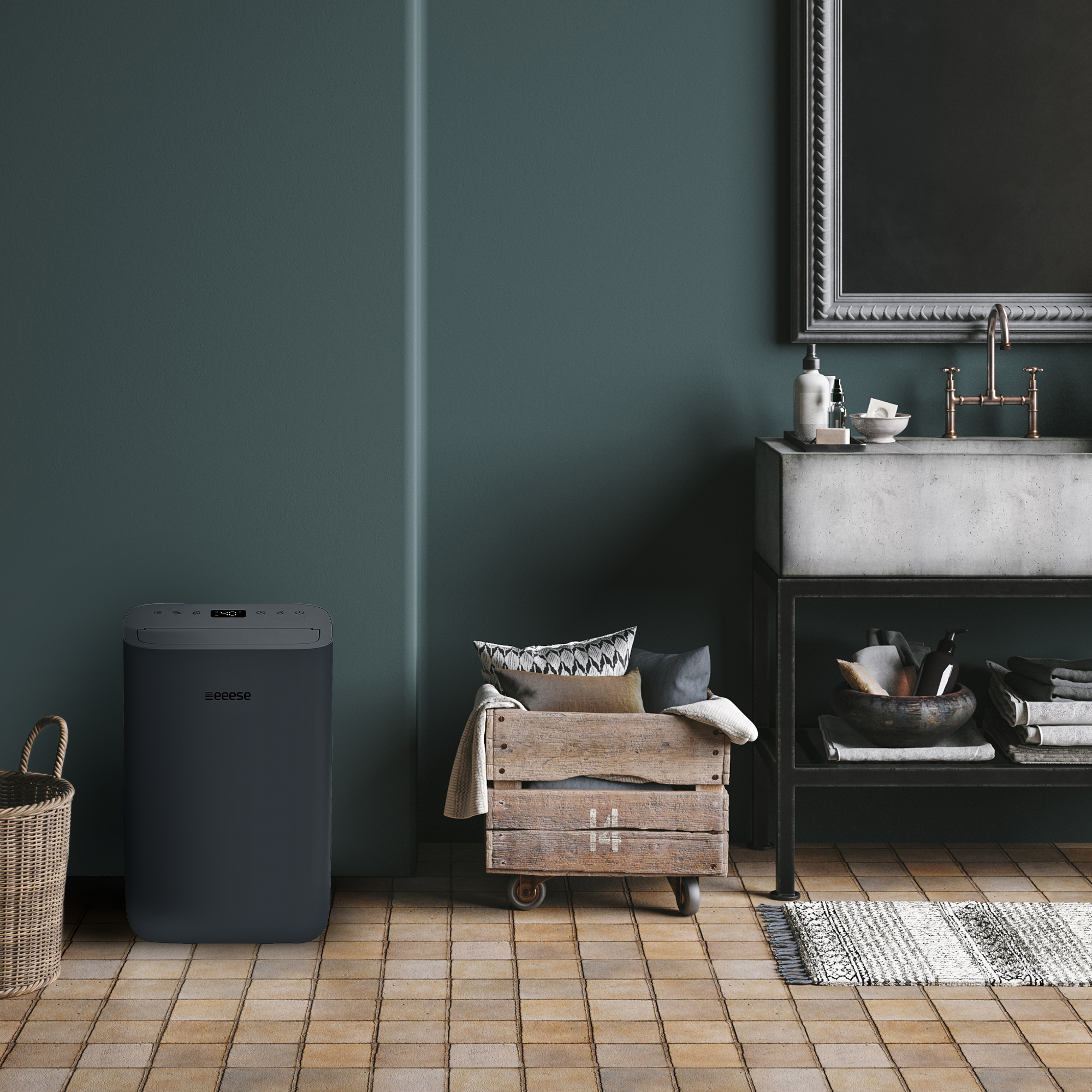 Dark gray dehumidifier next to wooden crate with pillows and woven basket.