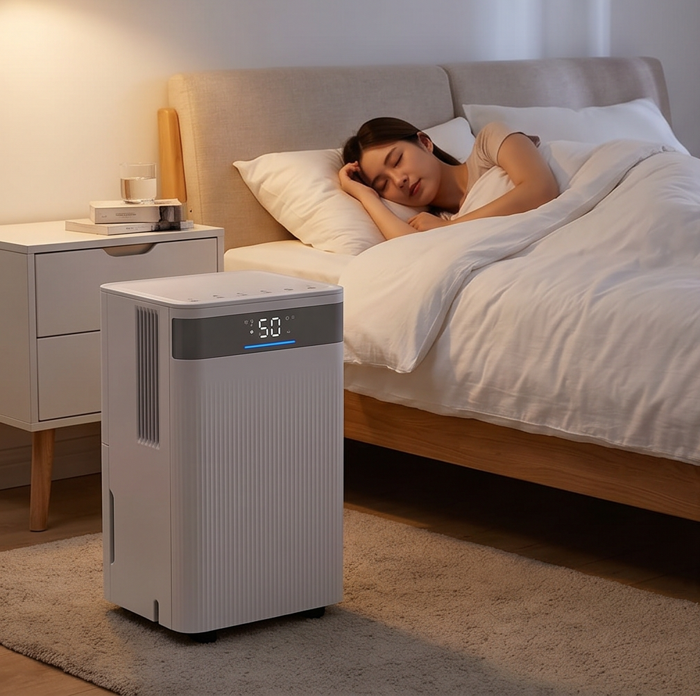 A dehumidifier sits beside a bed where a woman is sleeping.